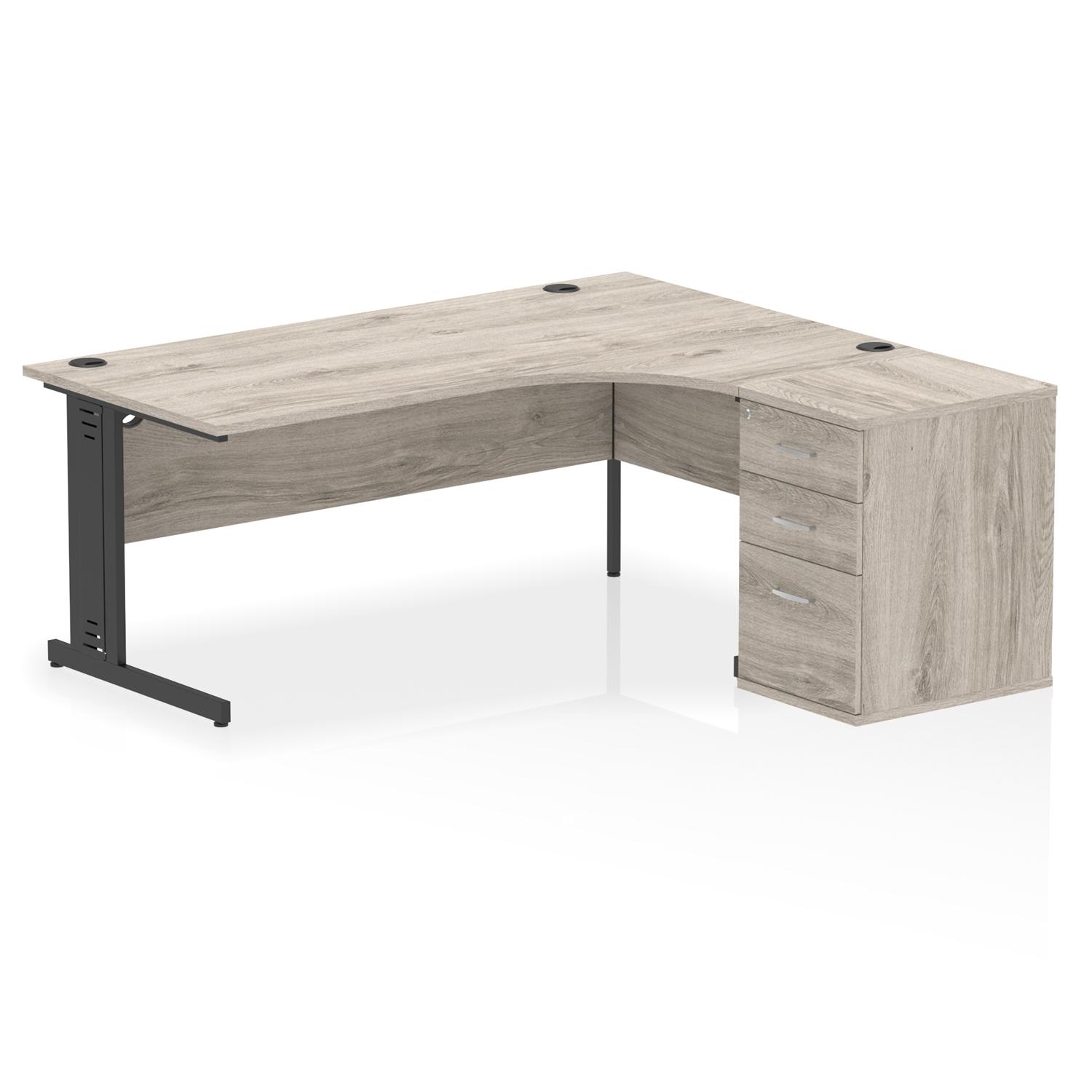 Impulse 1800mm Right Crescent Office Desk Grey Oak Top Black Cable Managed Leg Workstation 600 Deep Desk High Pedestal