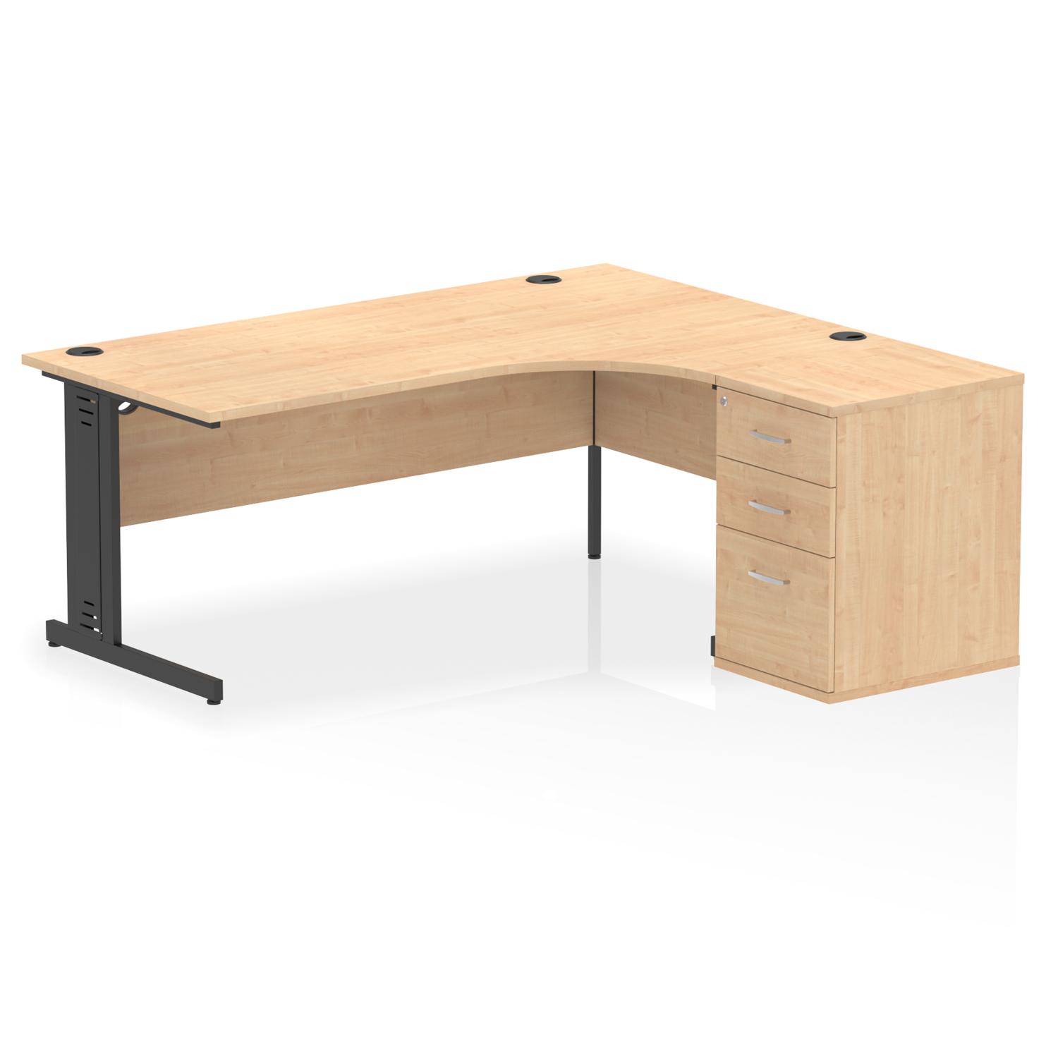 Impulse 1800mm Right Crescent Office Desk Maple Top Black Cable Managed Leg Workstation 600 Deep Desk High Pedestal