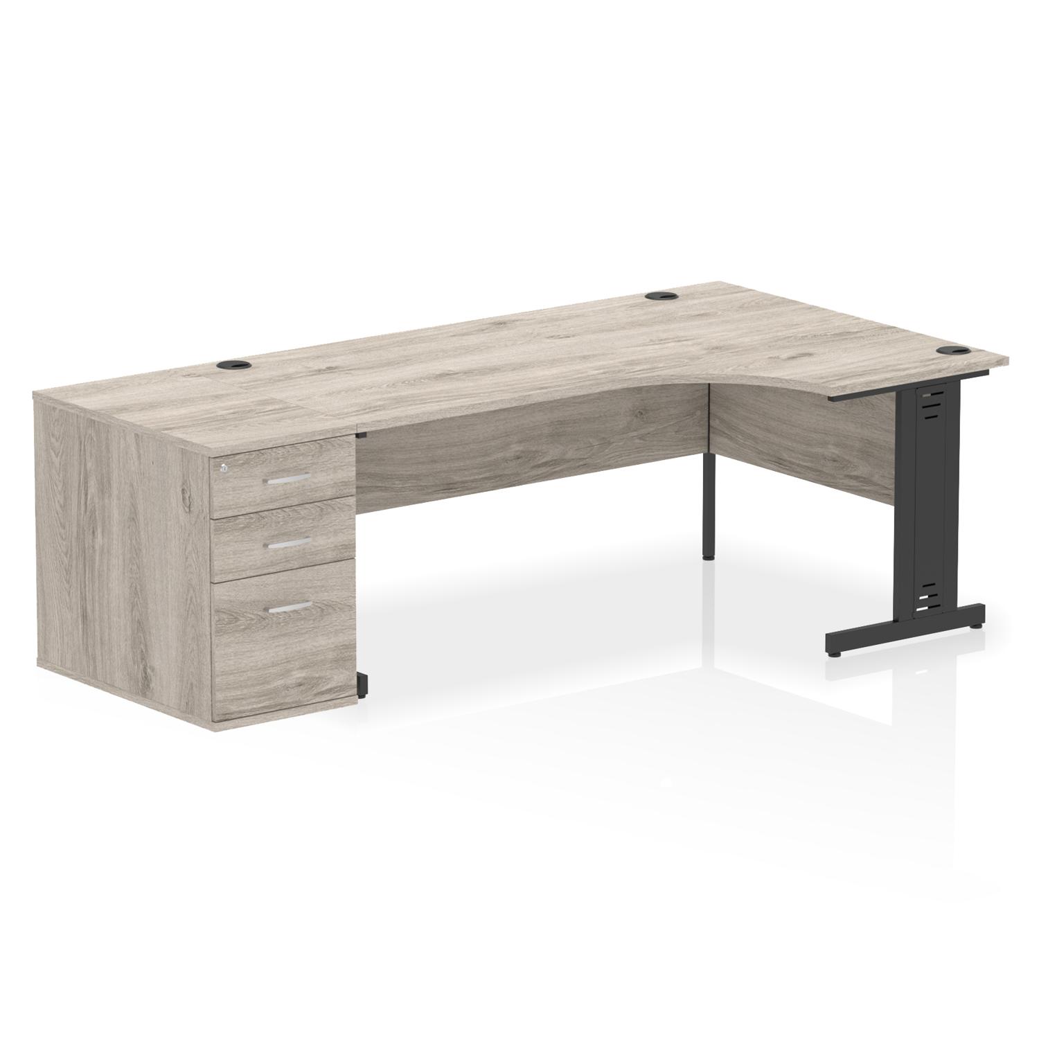 Impulse 1800mm Right Crescent Office Desk Grey Oak Top Black Cable Managed Leg Workstation 800 Deep Desk High Pedestal