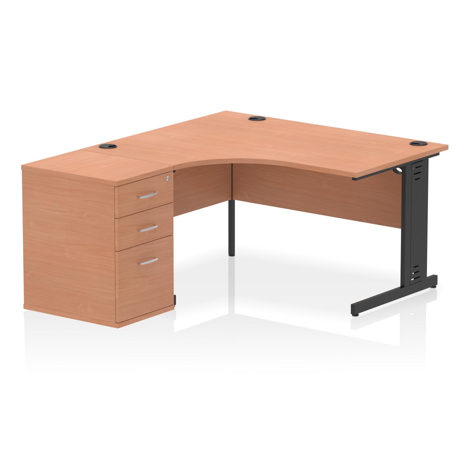 Impulse 1400mm Left Crescent Office Desk Beech Top Black Cable Managed Leg Workstation 600 Deep Desk High Pedestal