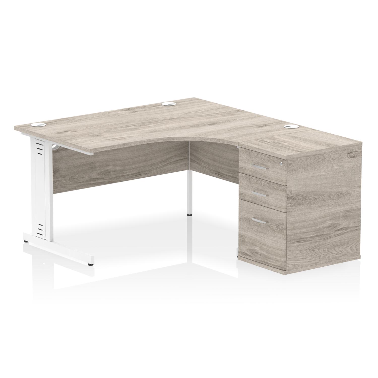 Impulse 1400mm Right Crescent Office Desk Grey Oak Top White Cable Managed Leg Workstation 600 Deep Desk High Pedestal