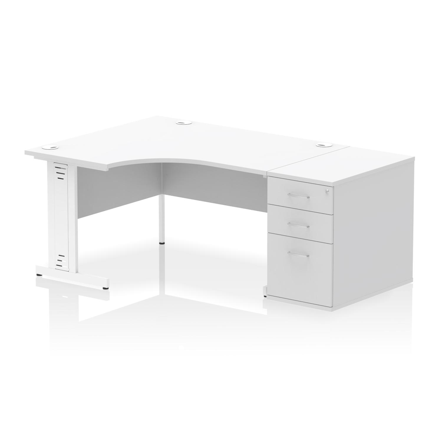 Impulse 1400mm Left Crescent Office Desk White Top White Cable Managed Leg Workstation 800 Deep Desk High Pedestal
