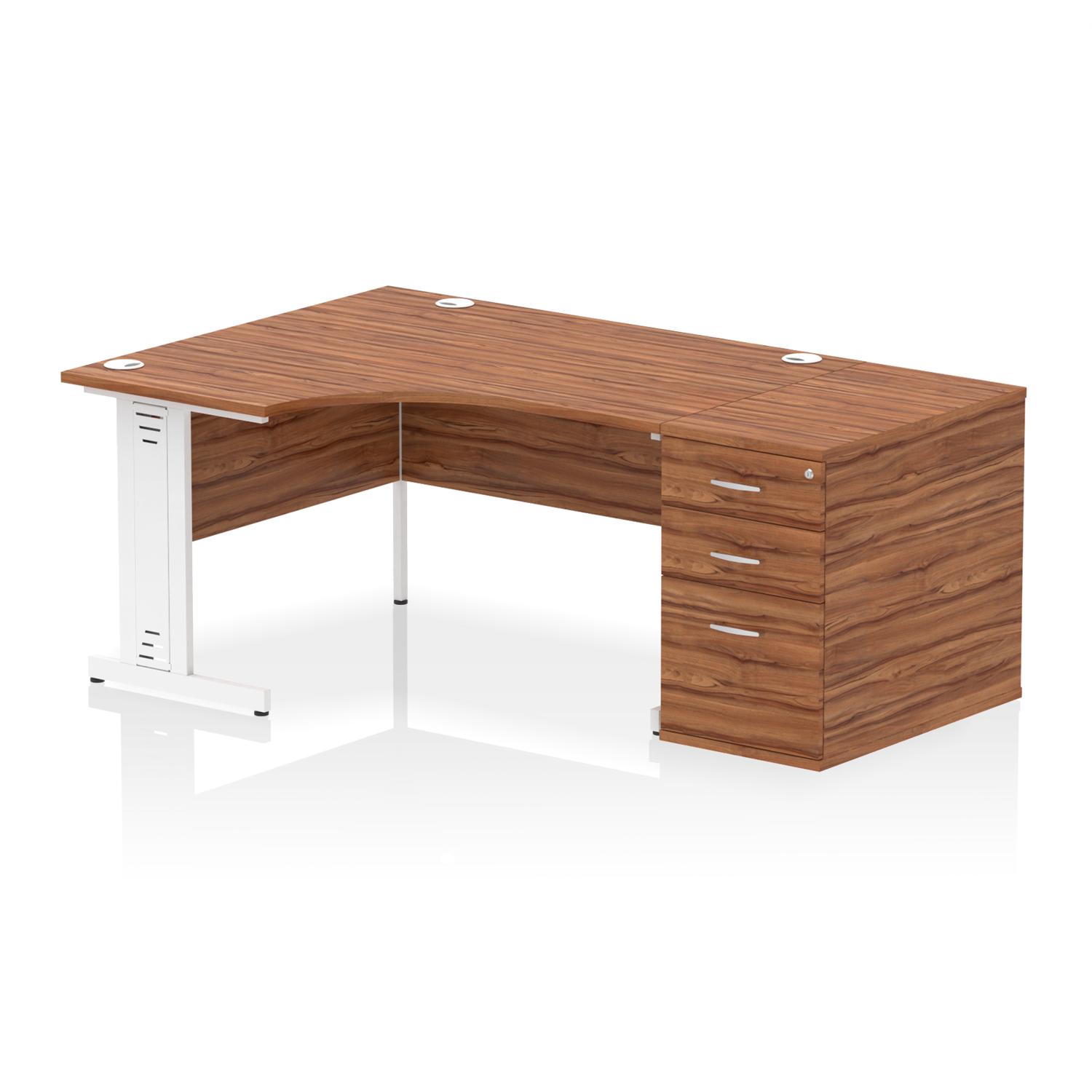 Impulse 1400mm Left Crescent Office Desk Walnut Top White Cable Managed Leg Workstation 800 Deep Desk High Pedestal