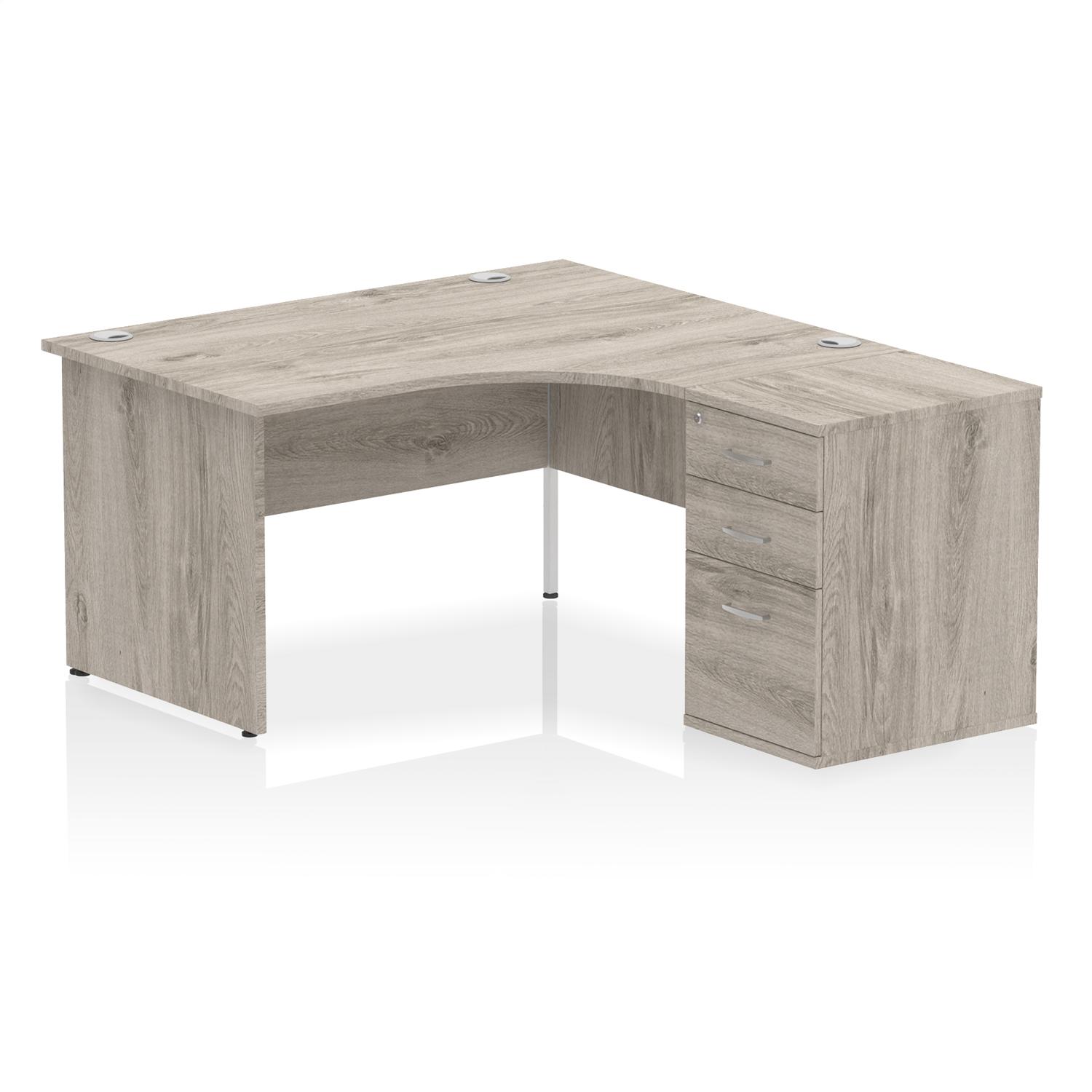 Impulse 1400mm Right Crescent Office Desk Grey Oak Top Panel End Leg Workstation 600 Deep Desk High Pedestal