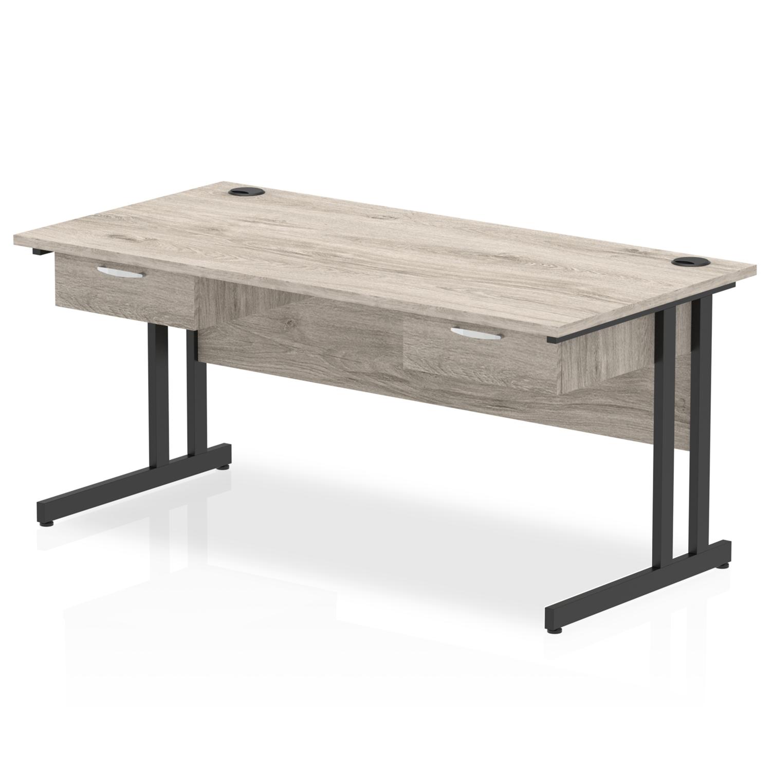 Impulse 1600 x 800mm Straight Office Desk Grey Oak Top Black Cantilever Leg Workstation 2 x 1 Drawer Fixed Pedestal