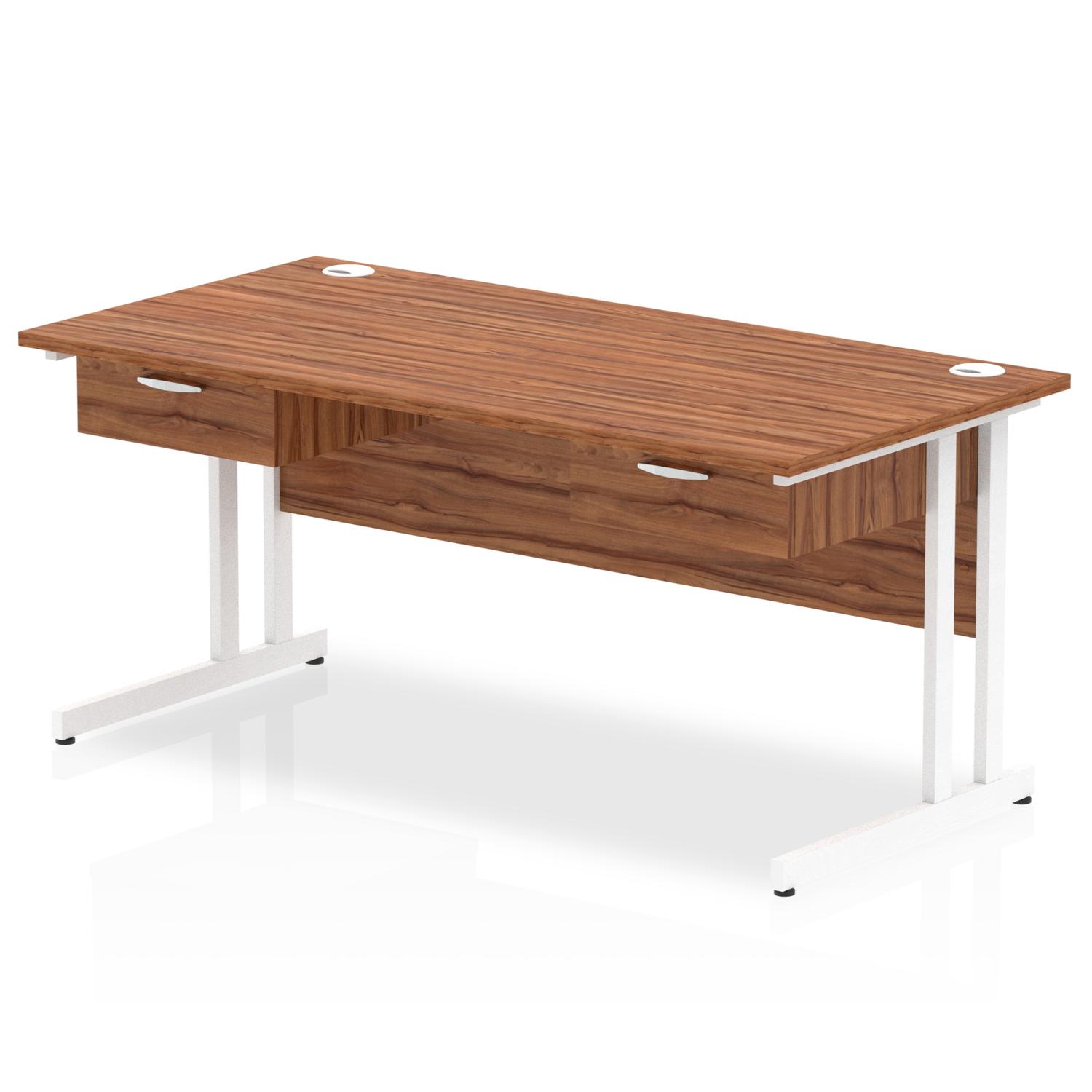 Impulse 1600 x 800mm Straight Office Desk Walnut Top White Cantilever Leg Workstation 2 x 1 Drawer Fixed Pedestal