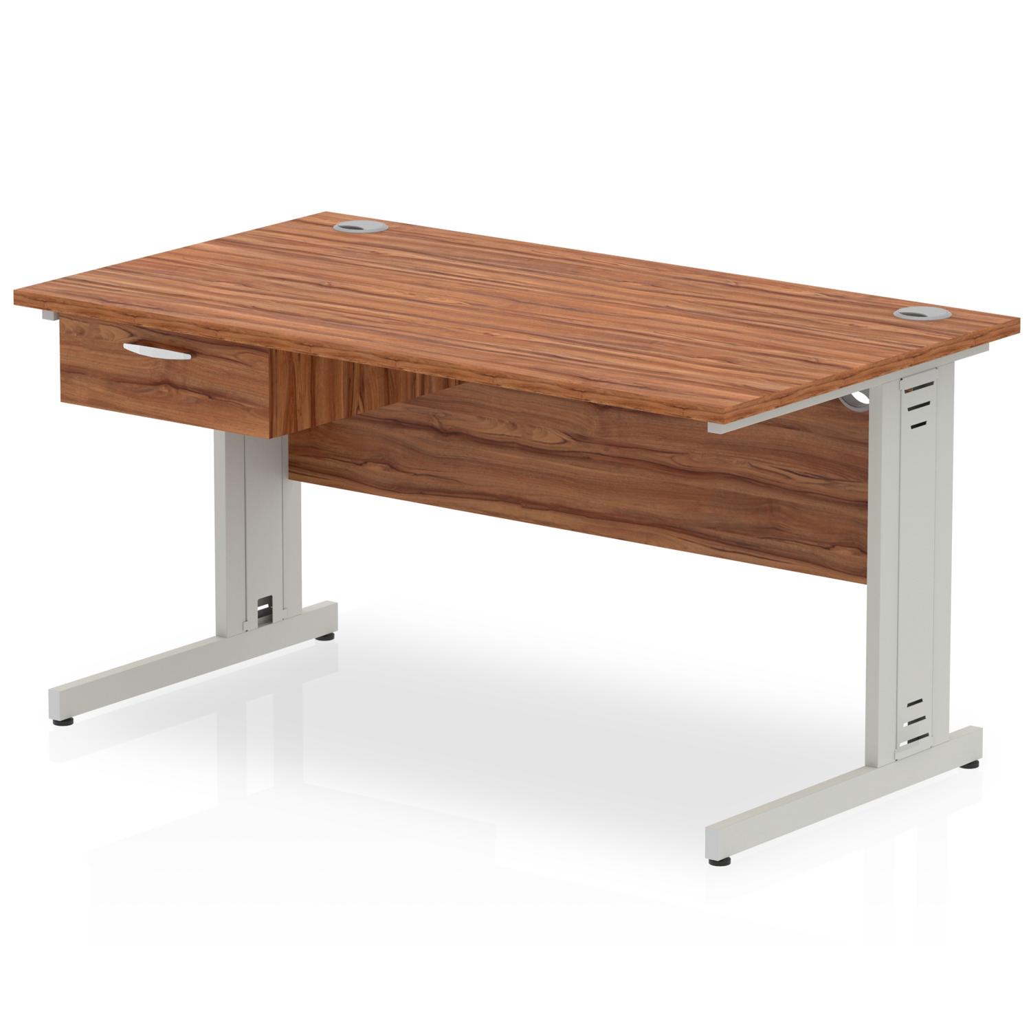 Impulse 1400 x 800mm Straight Office Desk Walnut Top Silver Cable Managed Leg Workstation 1 x 1 Drawer Fixed Pedestal