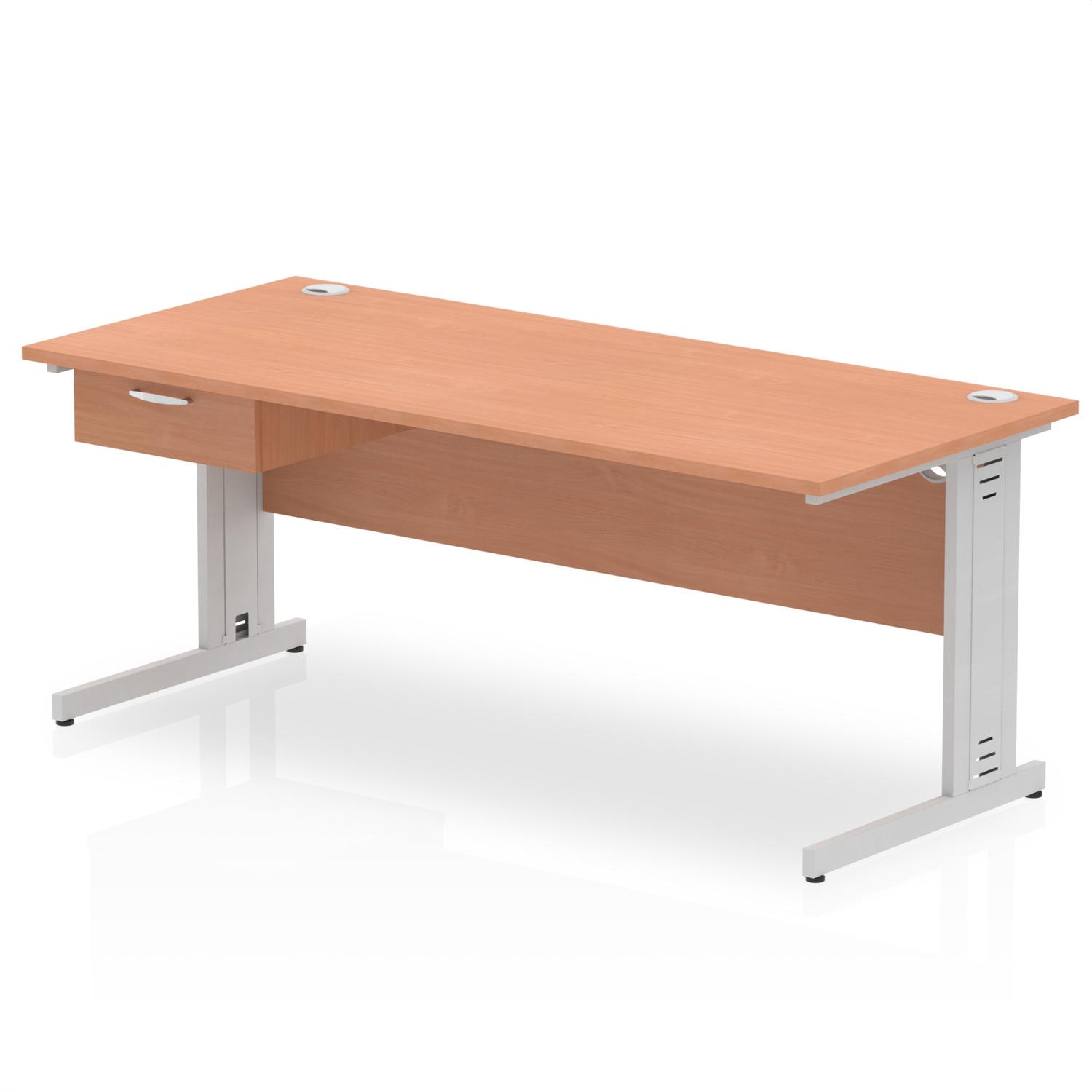 Impulse 1800 x 800mm Straight Office Desk Beech Top Silver Cable Managed Leg Workstation 1 x 1 Drawer Fixed Pedestal