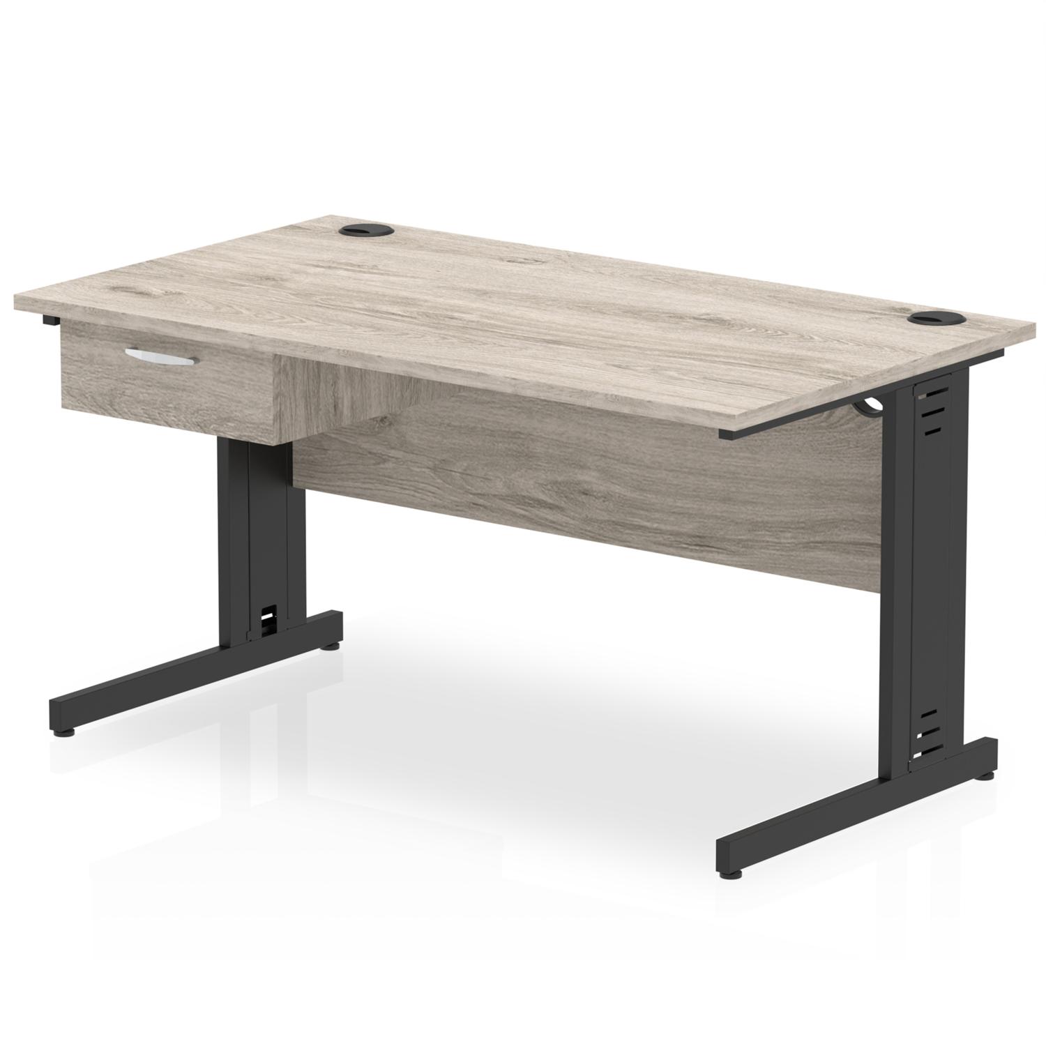 Impulse 1400 x 800mm Straight Office Desk Grey Oak Top Black Cable Managed Leg Workstation 1 x 1 Drawer Fixed Pedestal