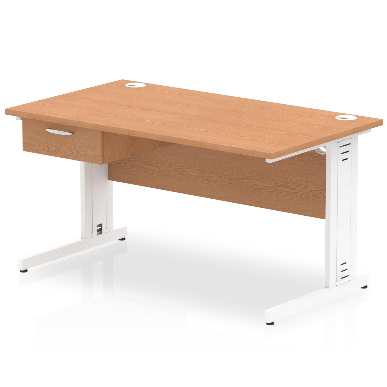 Impulse 1400 x 800mm Straight Office Desk Oak Top White Cable Managed Leg Workstation 1 x 1 Drawer Fixed Pedestal