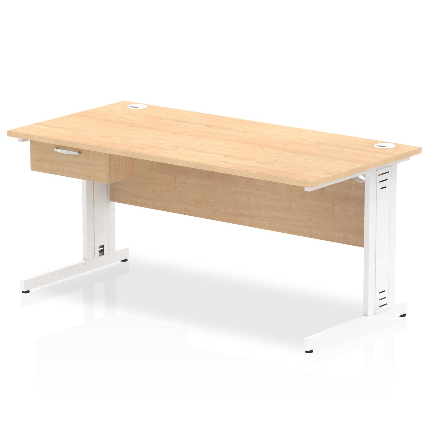 Impulse 1600 x 800mm Straight Office Desk Maple Top White Cable Managed Leg Workstation 1 x 1 Drawer Fixed Pedestal