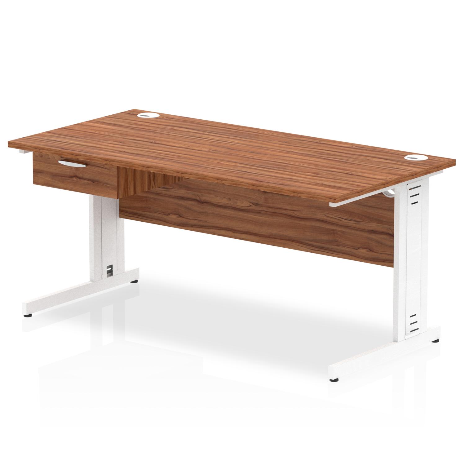 Impulse 1600 x 800mm Straight Office Desk Walnut Top White Cable Managed Leg Workstation 1 x 1 Drawer Fixed Pedestal