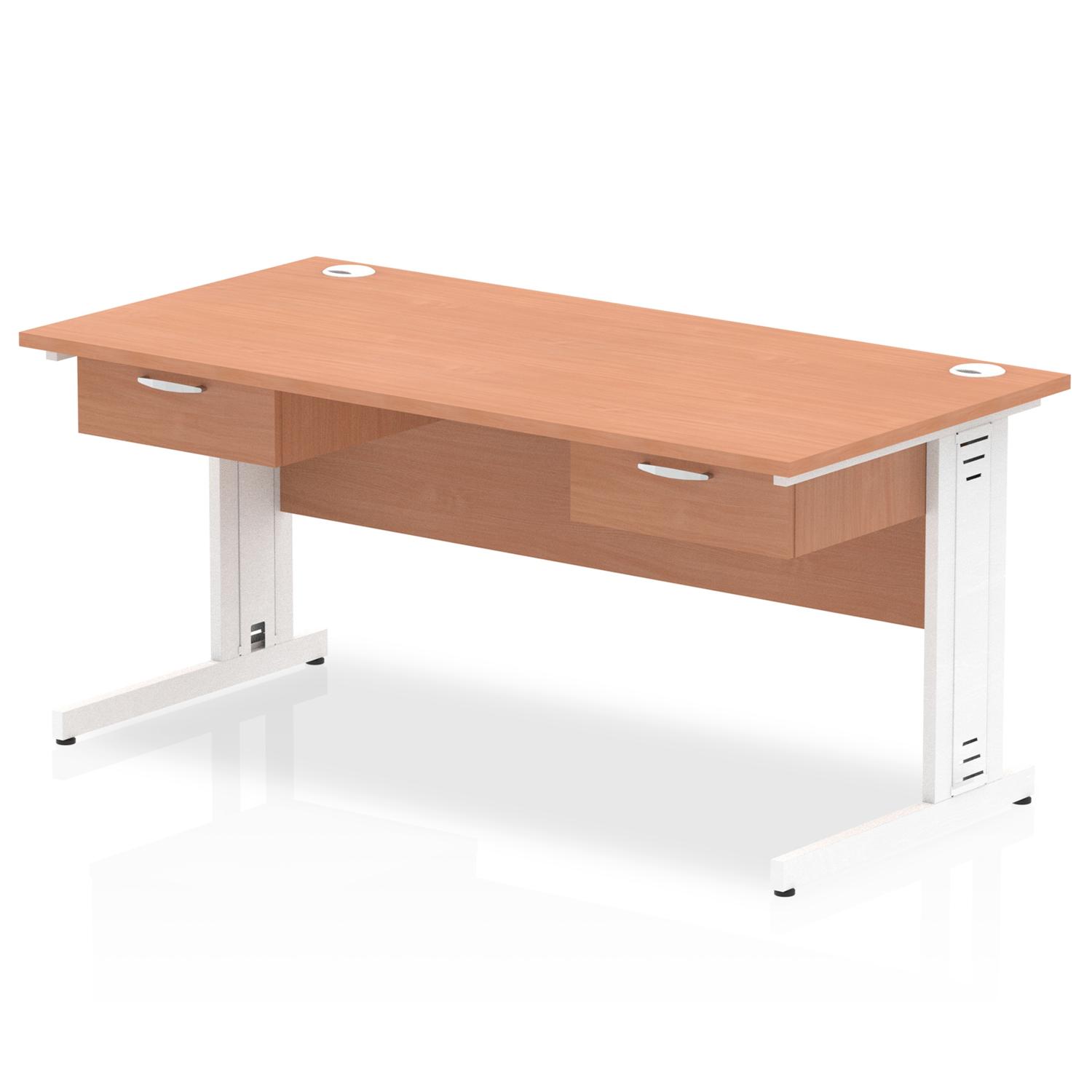 Impulse 1600 x 800mm Straight Office Desk Beech Top White Cable Managed Leg Workstation 2 x 1 Drawer Fixed Pedestal
