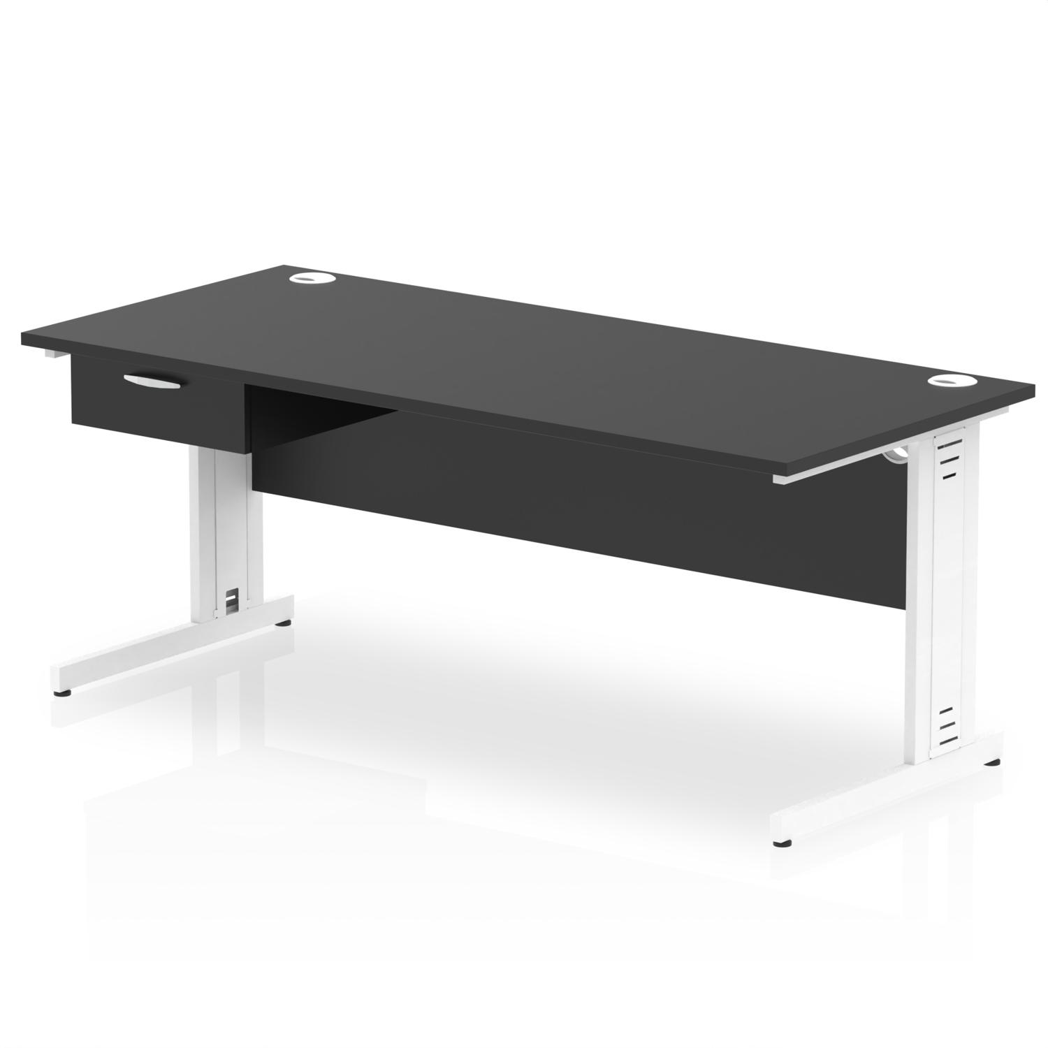 Impulse 1800 x 800mm Straight Office Desk Black Top White Cable Managed Leg Workstation 1 x 1 Drawer Fixed Pedestal