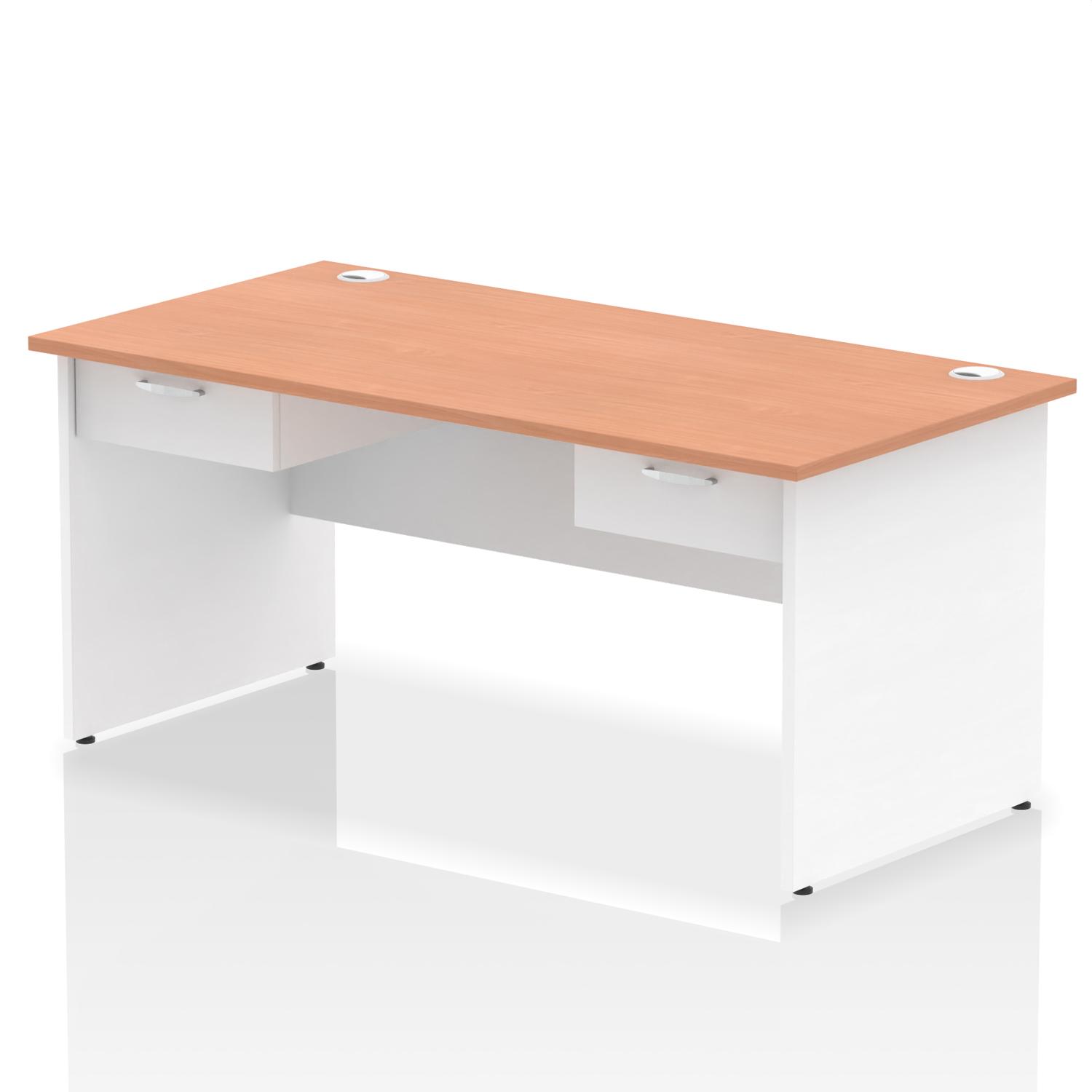 Impulse 1600 x 800mm Straight Office Desk Beech Top White Panel End Leg Workstation 2 x 1 Drawer Fixed Pedestal