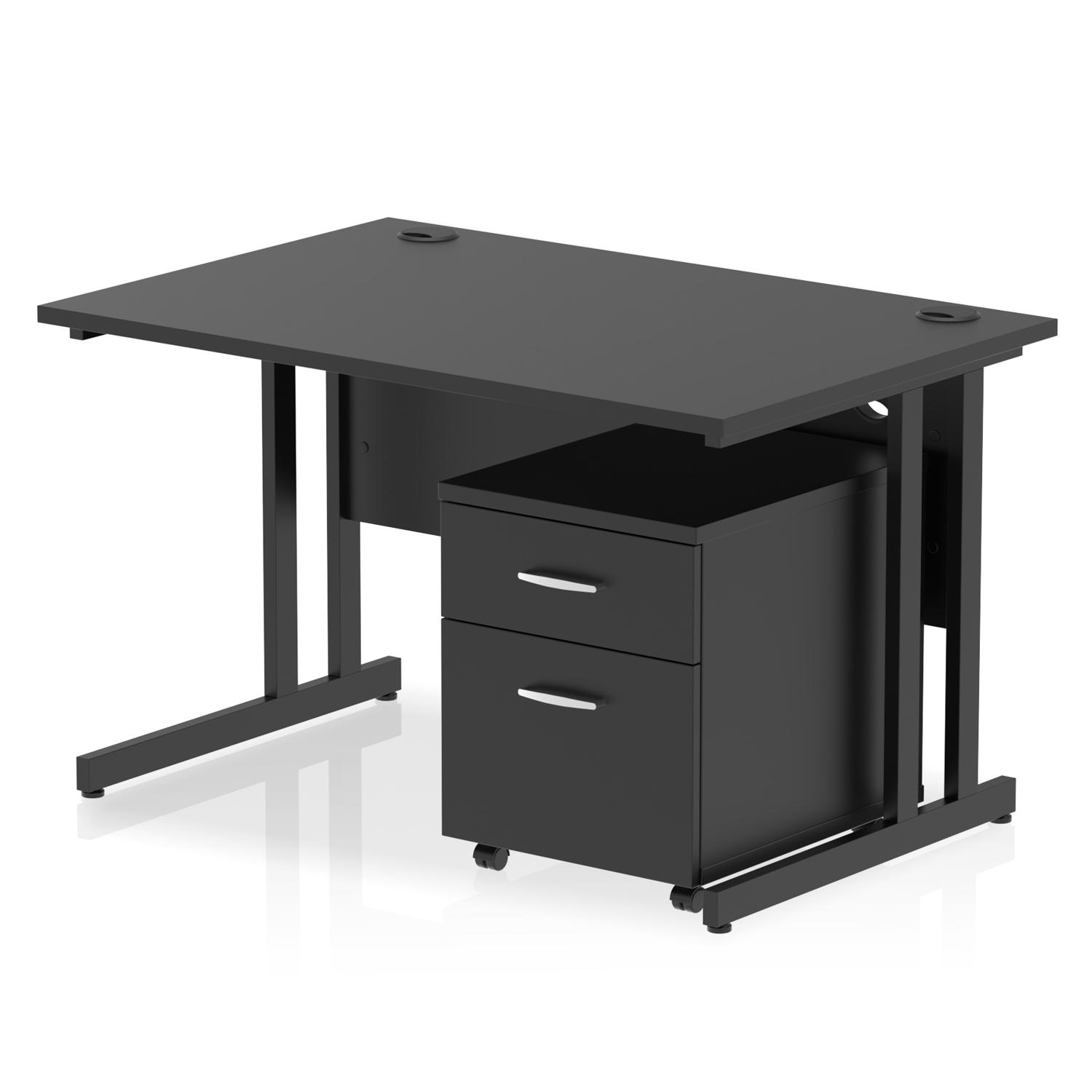 Impulse 1200 x 800mm Straight Office Desk Black Top Black Cantilever Leg Workstation 2 Drawer Mobile Pedestal