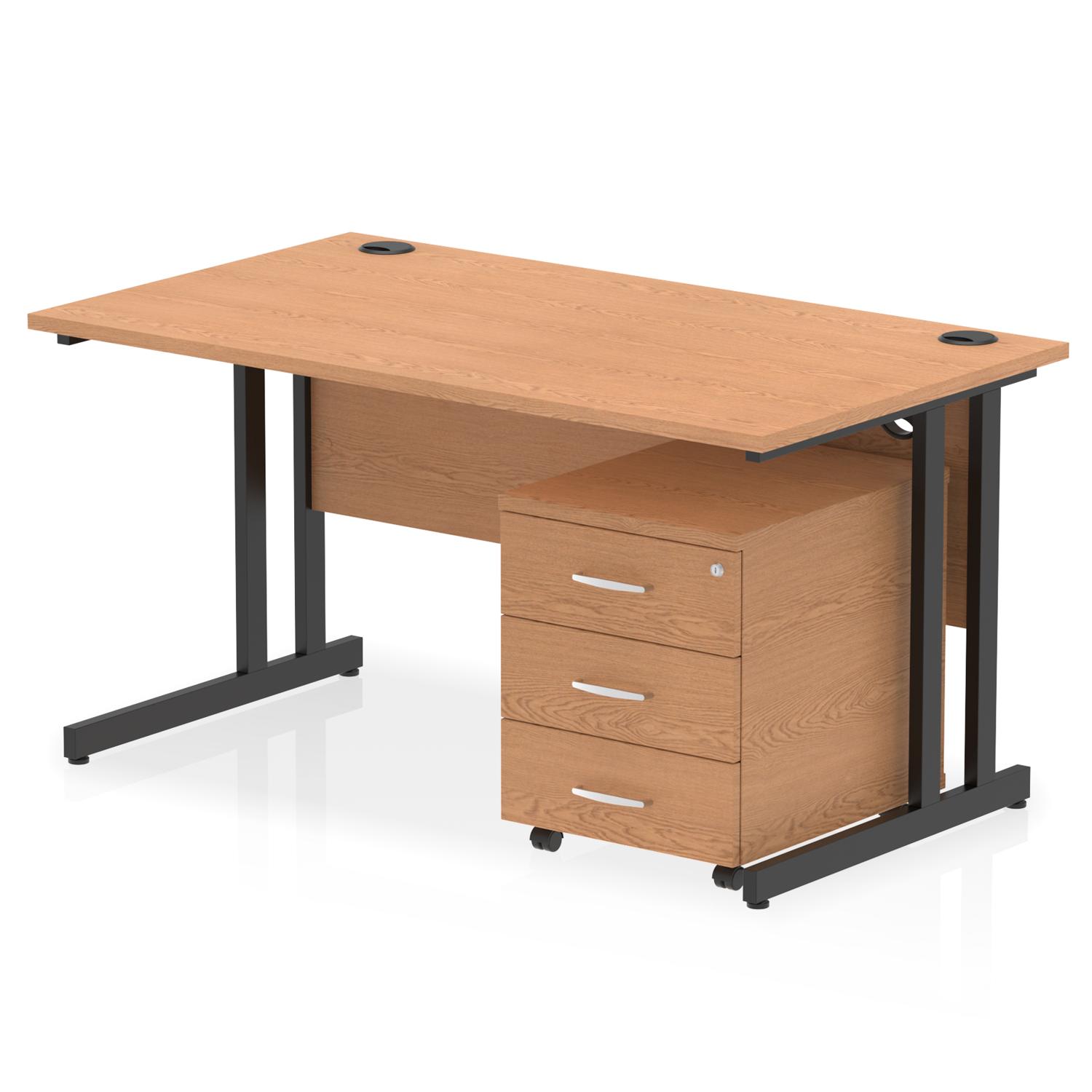 Impulse 1400 x 800mm Straight Office Desk Oak Top Black Cantilever Leg Workstation 3 Drawer Mobile Pedestal