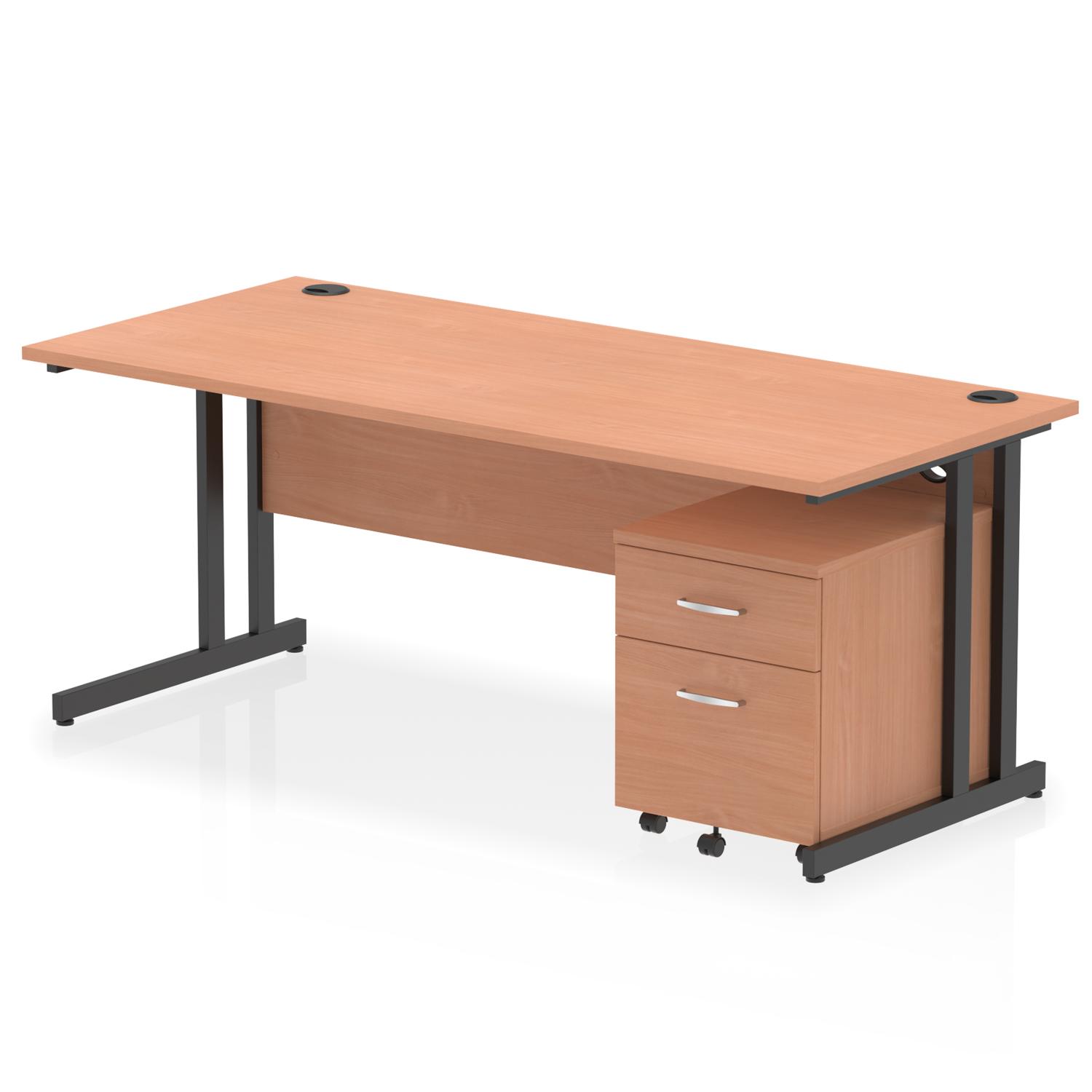 Impulse 1800 x 800mm Straight Office Desk Beech Top Black Cantilever Leg Workstation 2 Drawer Mobile Pedestal