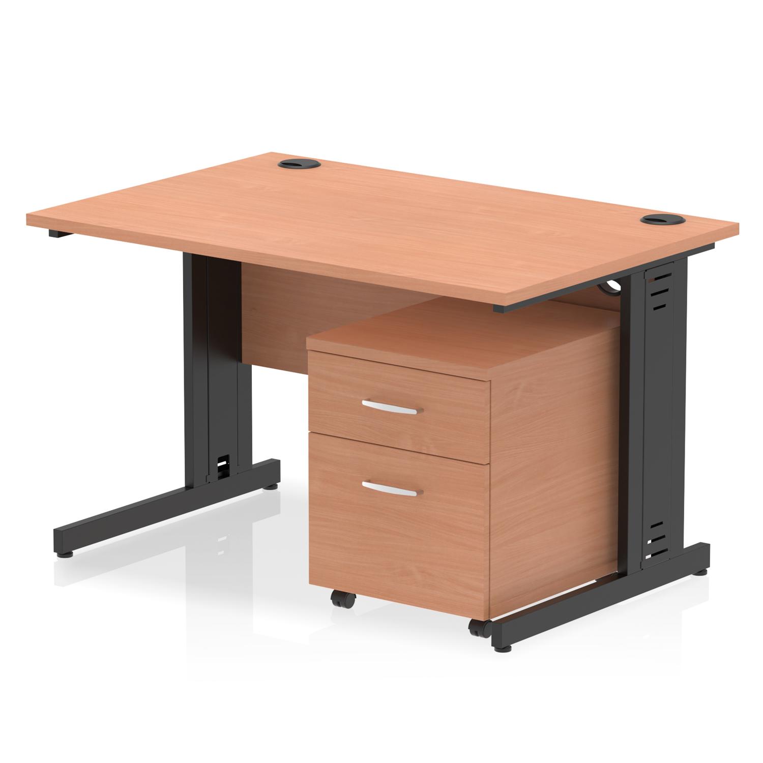 Impulse 1200 x 800mm Straight Office Desk Beech Top Black Cable Managed Leg Workstation 2 Drawer Mobile Pedestal