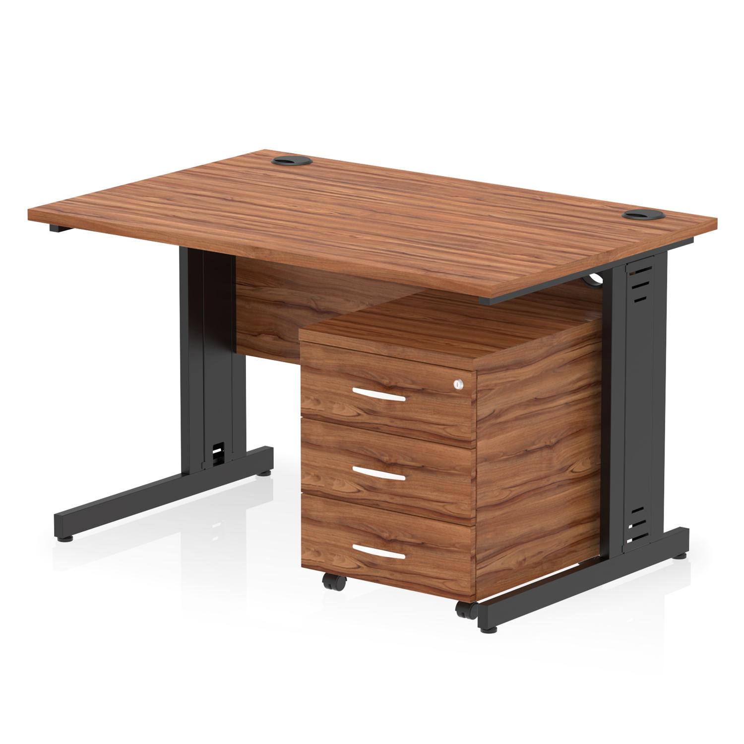 Impulse 1200 x 800mm Straight Office Desk Walnut Top Black Cable Managed Leg Workstation 3 Drawer Mobile Pedestal