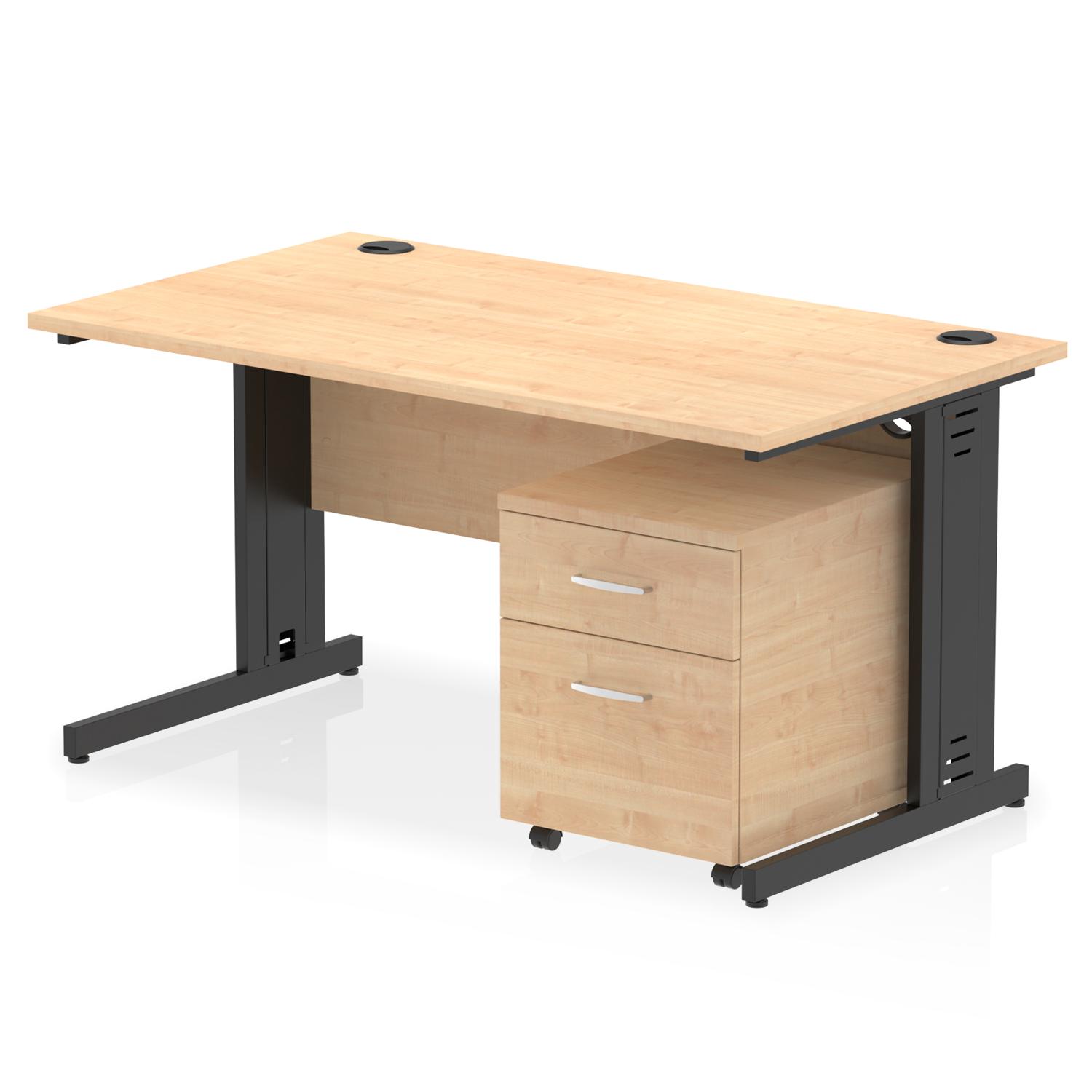 Impulse 1400 x 800mm Straight Office Desk Maple Top Black Cable Managed Leg Workstation 2 Drawer Mobile Pedestal