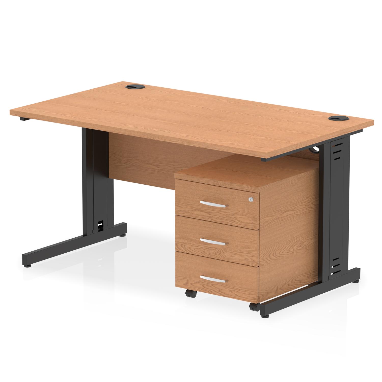 Impulse 1400 x 800mm Straight Office Desk Oak Top Black Cable Managed Leg Workstation 3 Drawer Mobile Pedestal