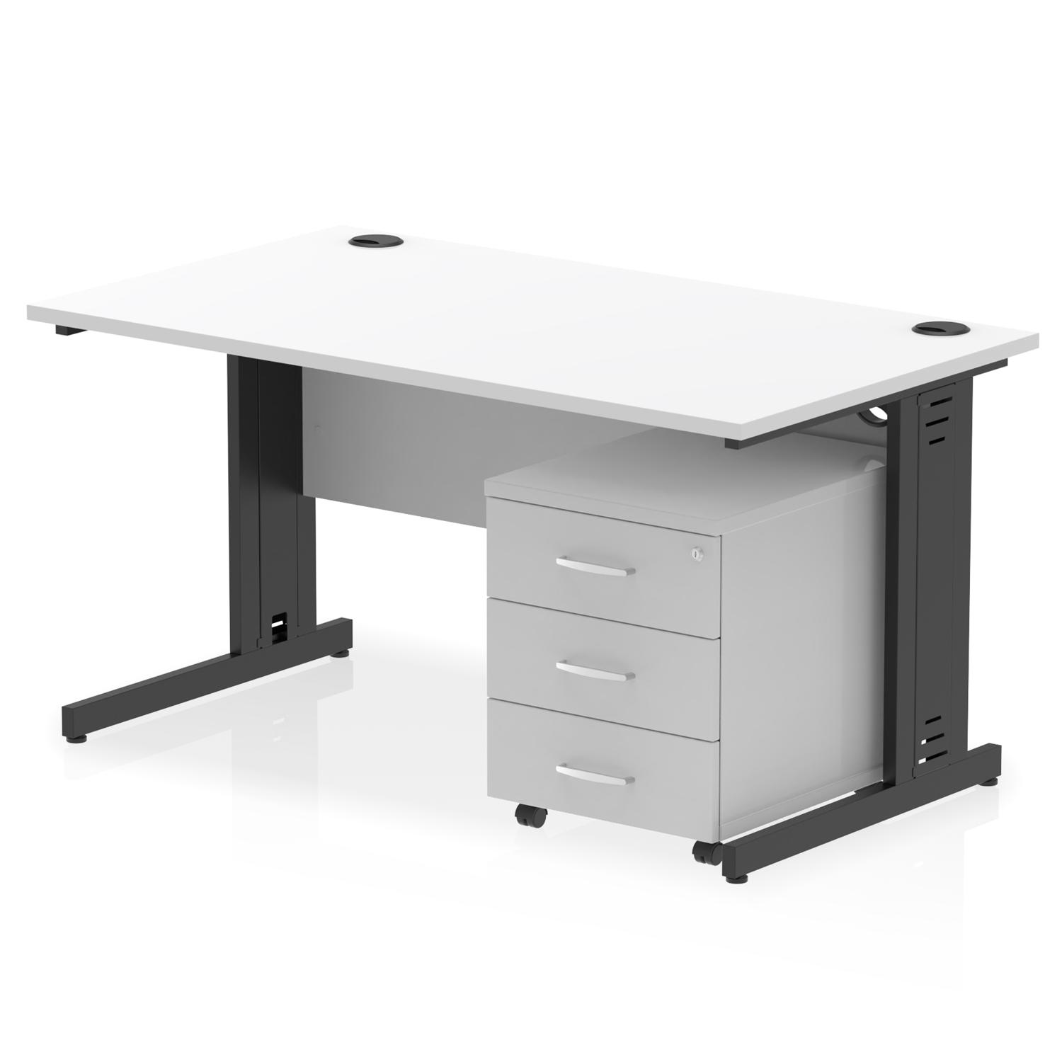 Impulse 1400 x 800mm Straight Office Desk White Top Black Cable Managed Leg Workstation 3 Drawer Mobile Pedestal