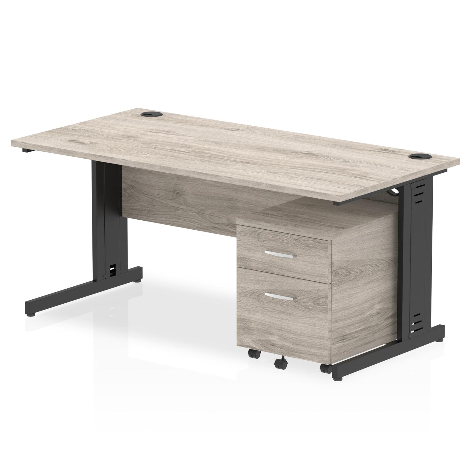 Impulse 1600 x 800mm Straight Office Desk Grey Oak Top Black Cable Managed Leg Workstation 2 Drawer Mobile Pedestal