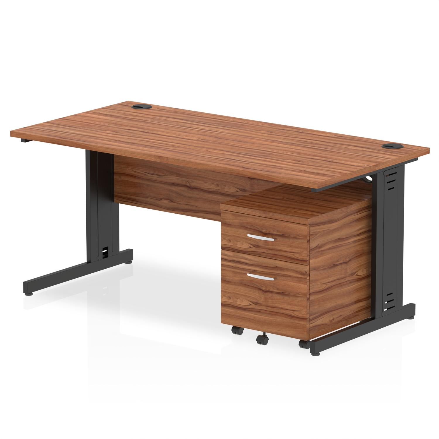 Impulse 1600 x 800mm Straight Office Desk Walnut Top Black Cable Managed Leg Workstation 2 Drawer Mobile Pedestal