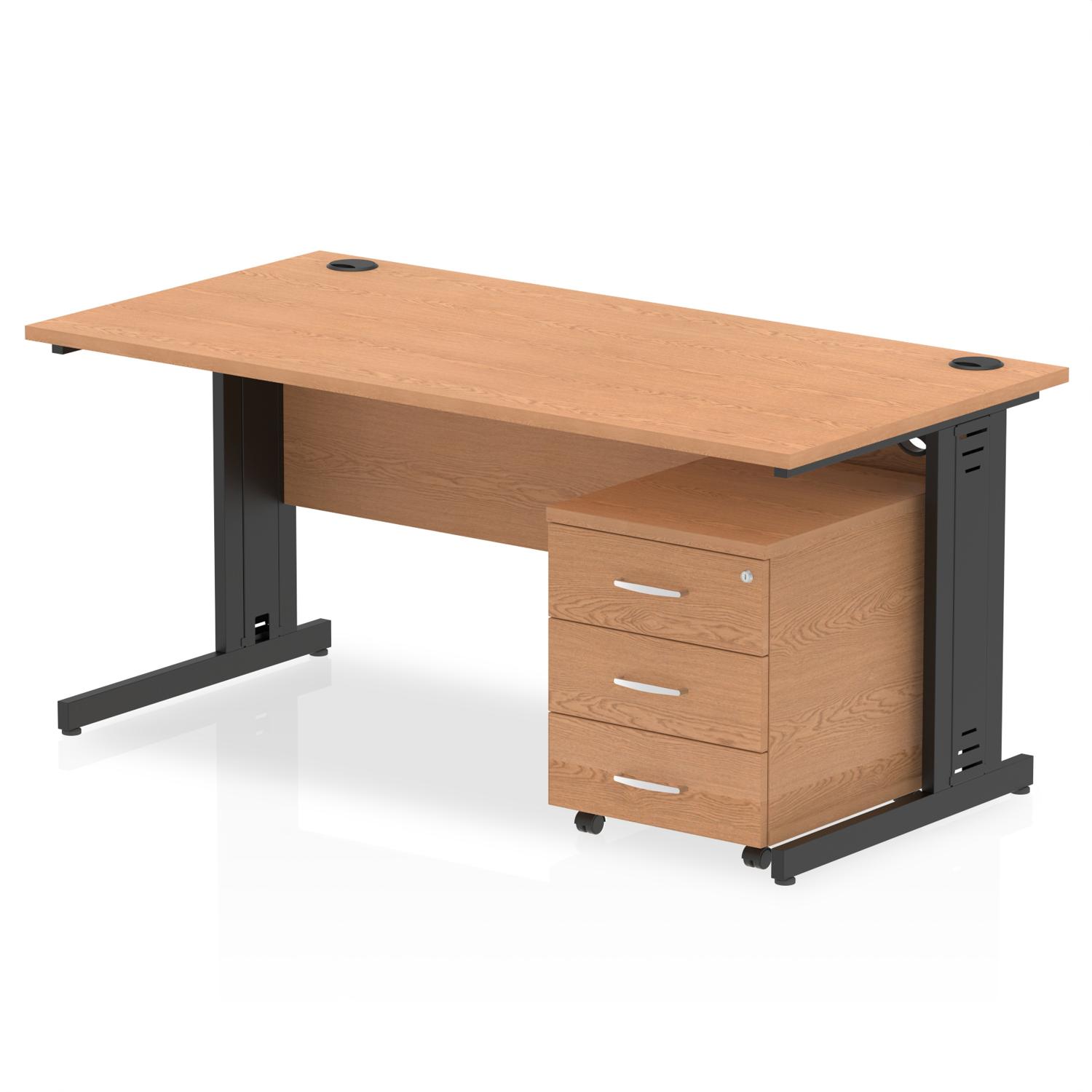 Impulse 1600 x 800mm Straight Office Desk Oak Top Black Cable Managed Leg Workstation 3 Drawer Mobile Pedestal