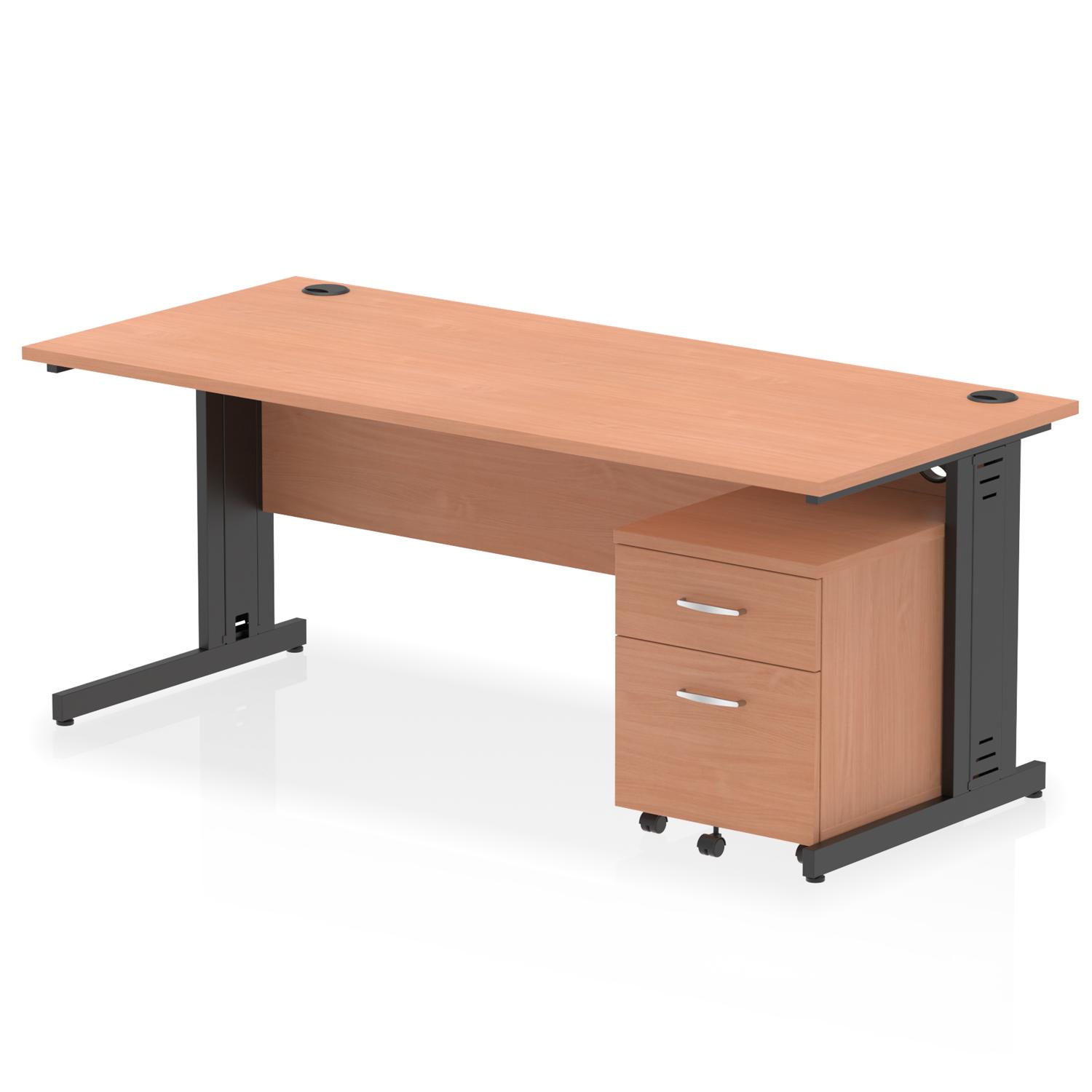 Impulse 1800 x 800mm Straight Office Desk Beech Top Black Cable Managed Leg Workstation 2 Drawer Mobile Pedestal