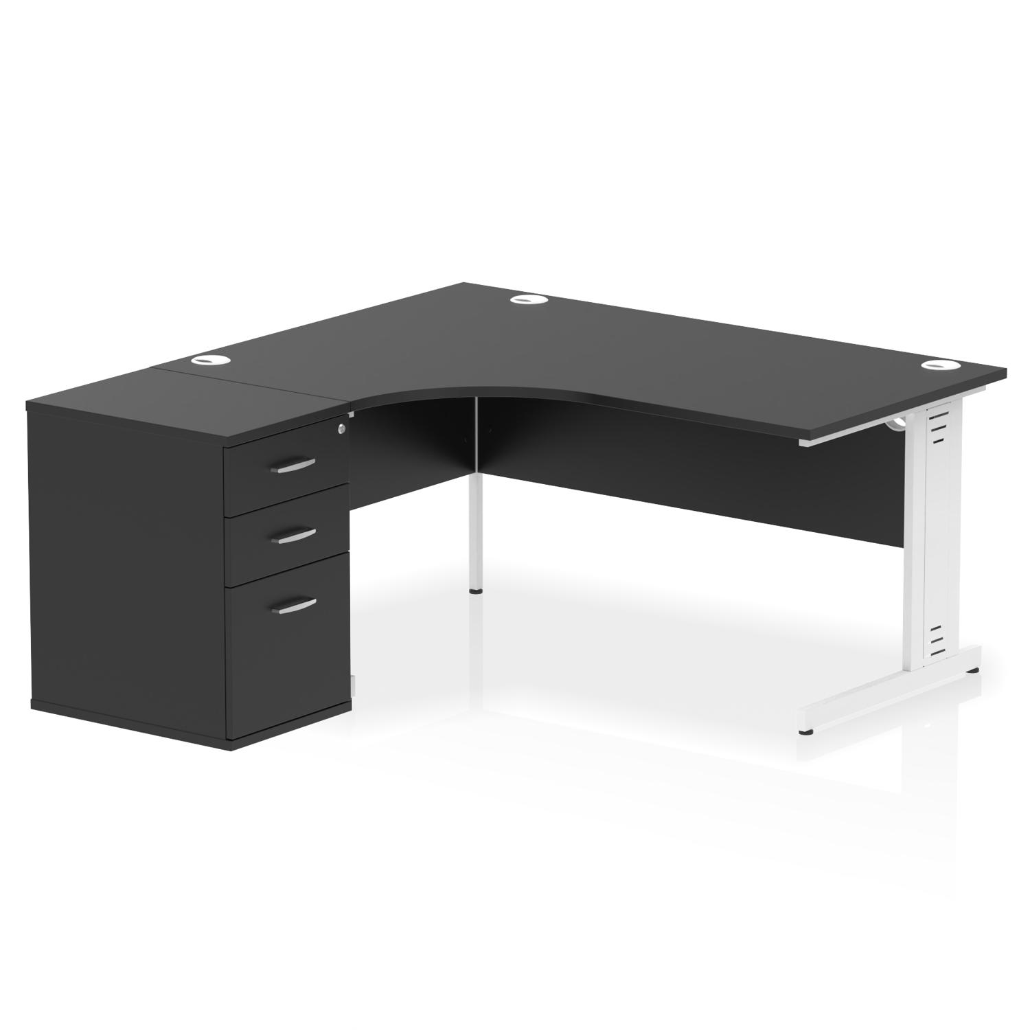 Impulse 1600mm Left Crescent Office Desk Black Top White Cable Managed Leg Workstation 600 Deep Desk High Pedestal
