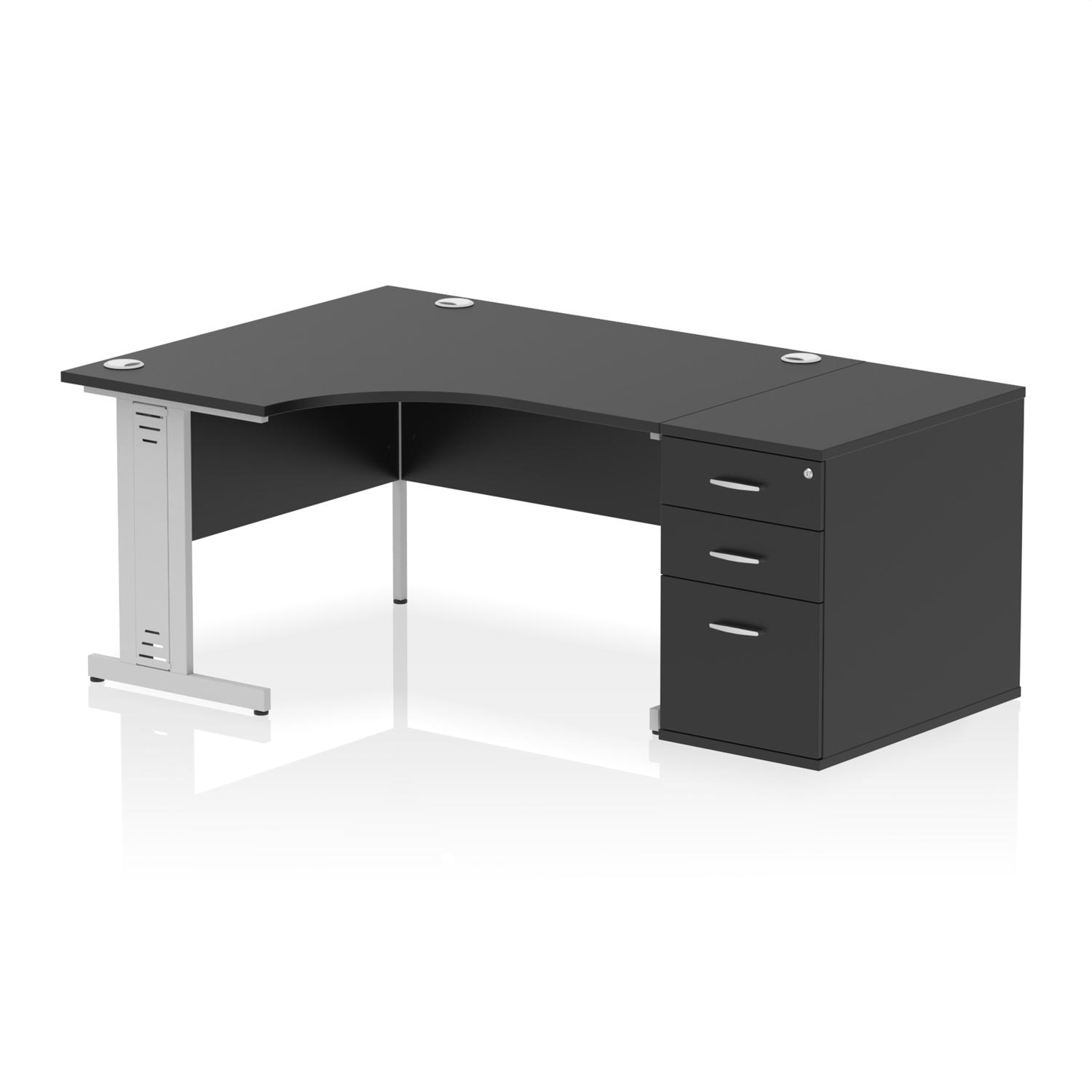 Impulse 1400mm Left Crescent Office Desk Black Top Silver Cable Managed Leg Workstation 800 Deep Desk High Pedestal