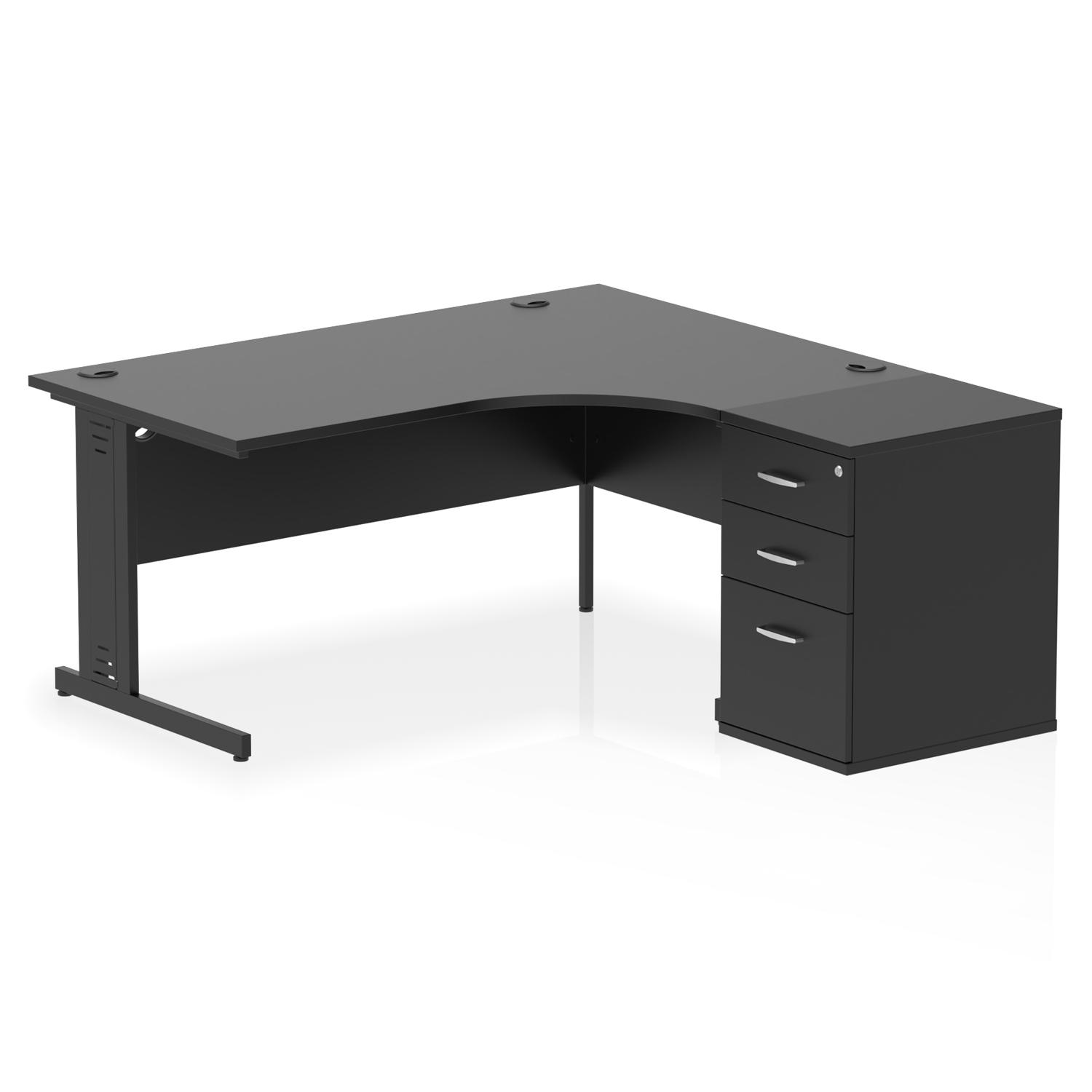 Impulse 1600mm Right Crescent Office Desk Black Top Black Cable Managed Leg Workstation 600 Deep Desk High Pedestal