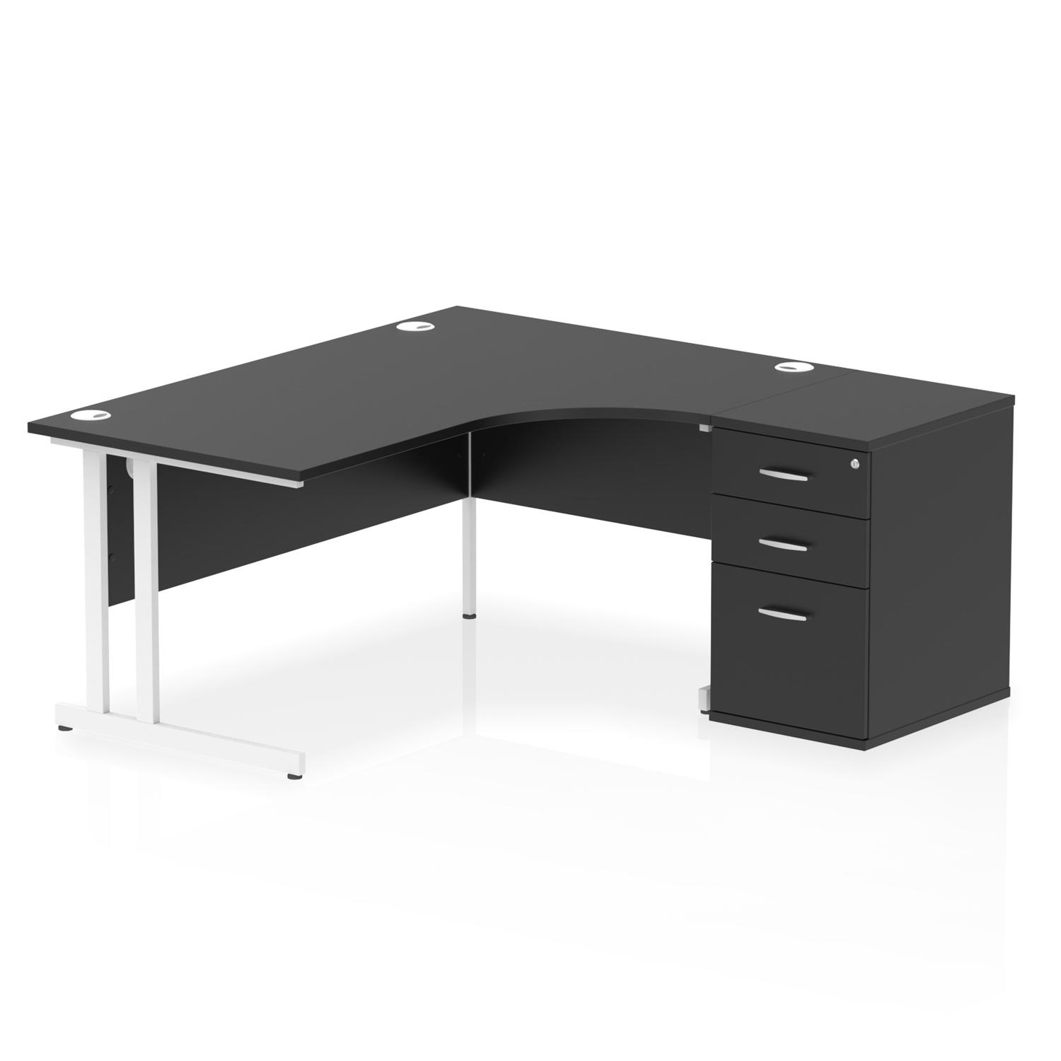 Impulse 1600mm Right Crescent Office Desk Black Top White Cantilever Leg Workstation 600 Deep Desk High Pedestal