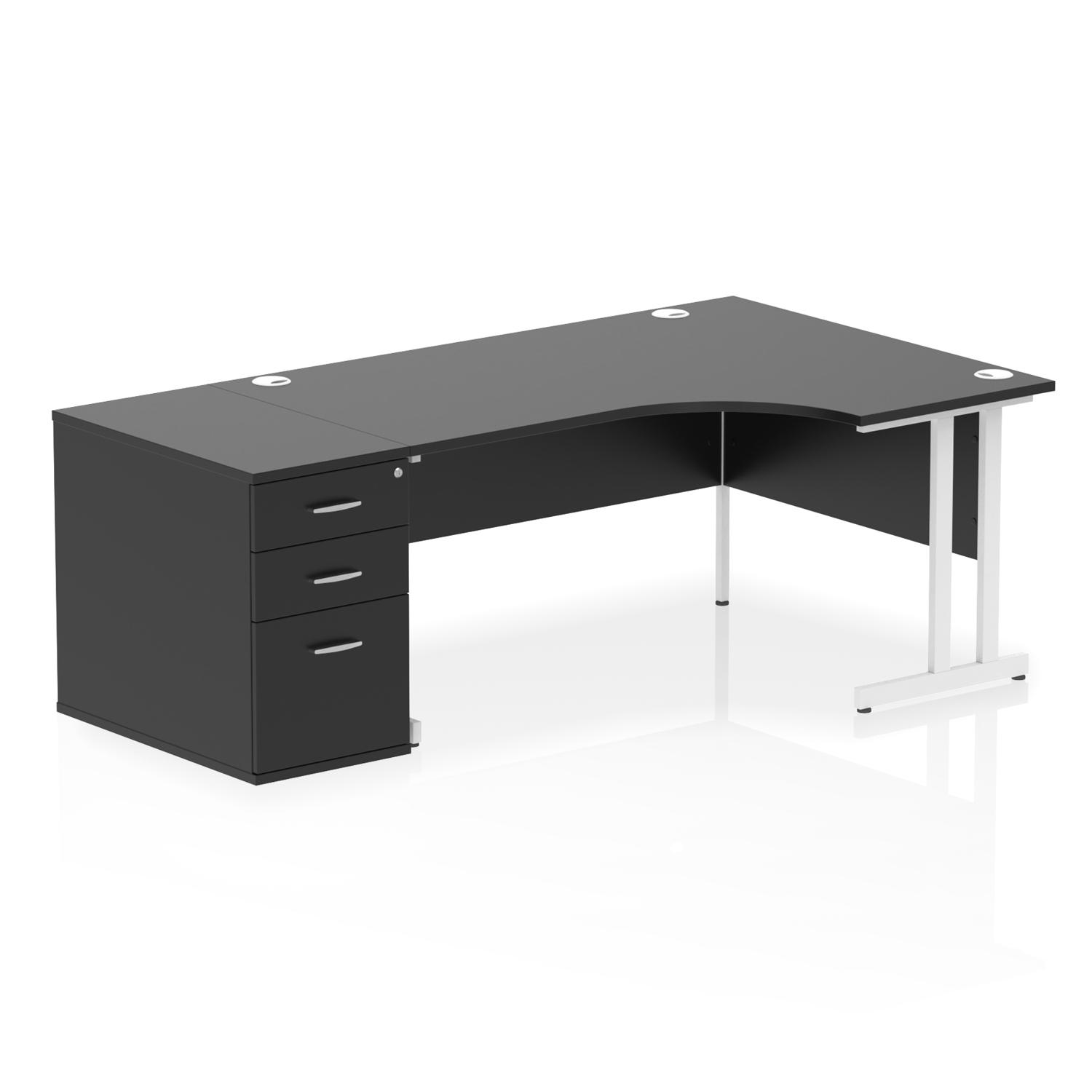 Impulse 1600mm Right Crescent Office Desk Black Top White Cantilever Leg Workstation 800 Deep Desk High Pedestal