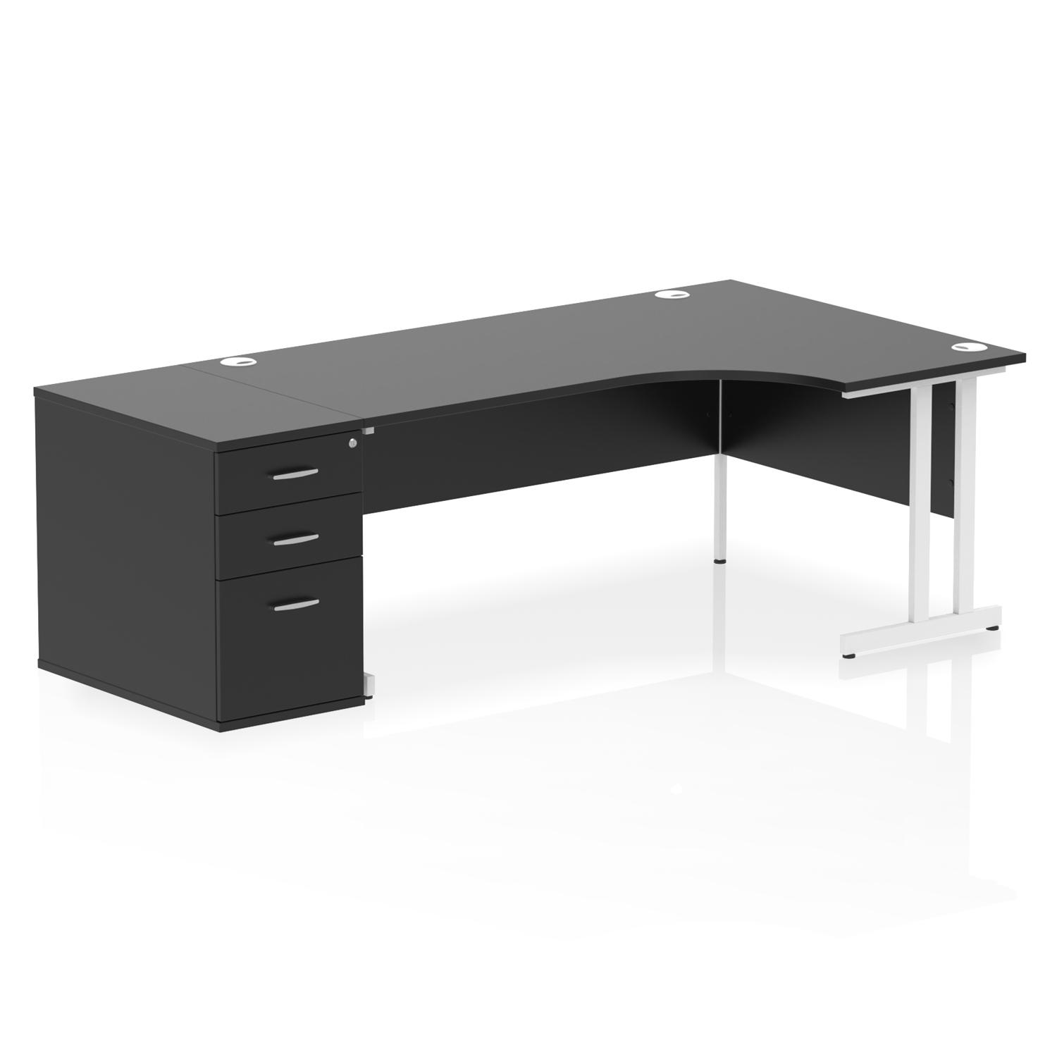 Impulse 1800mm Right Crescent Office Desk Black Top White Cantilever Leg Workstation 800 Deep Desk High Pedestal