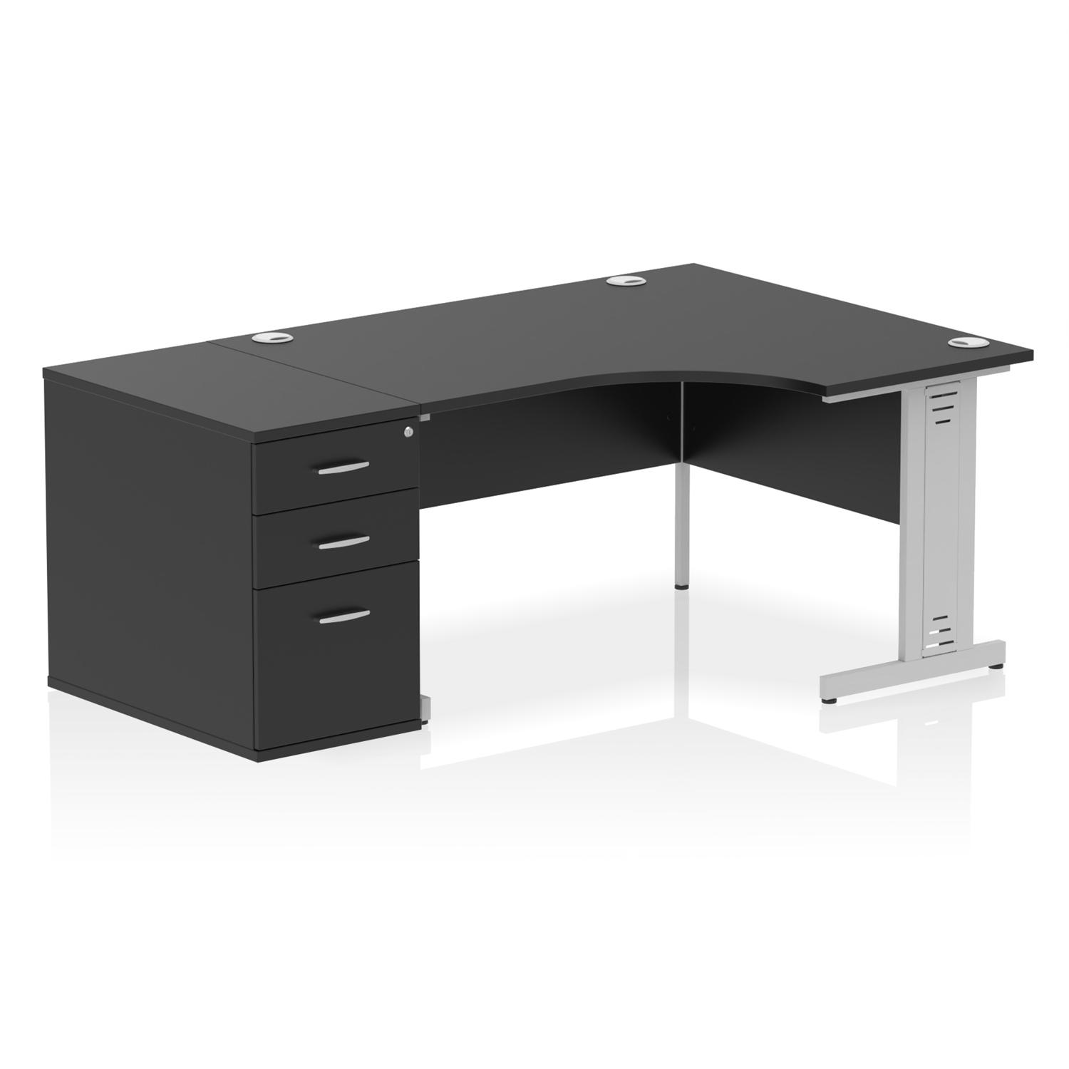 Impulse 1400mm Right Crescent Office Desk Black Top Silver Cable Managed Leg Workstation 800 Deep Desk High Pedestal