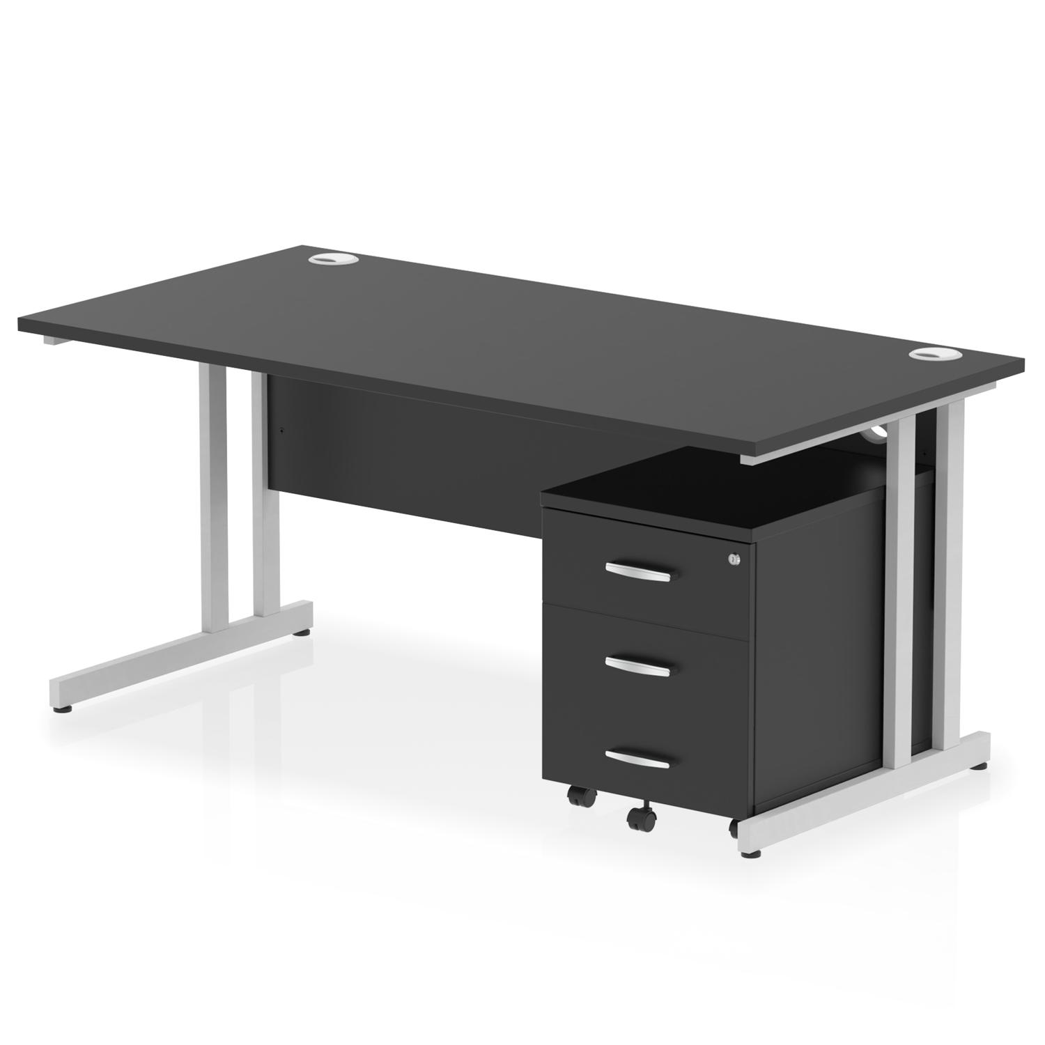 Impulse 1600 x 800mm Straight Office Desk Black Top Silver Cantilever Leg Workstation 3 Drawer Mobile Pedestal