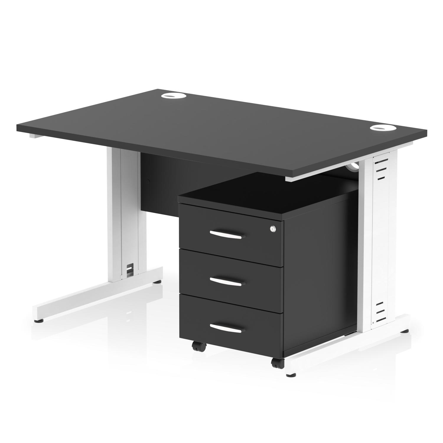 Impulse 1200 x 800mm Straight Office Desk Black Top White Cable Managed Leg Workstation 3 Drawer Mobile Pedestal