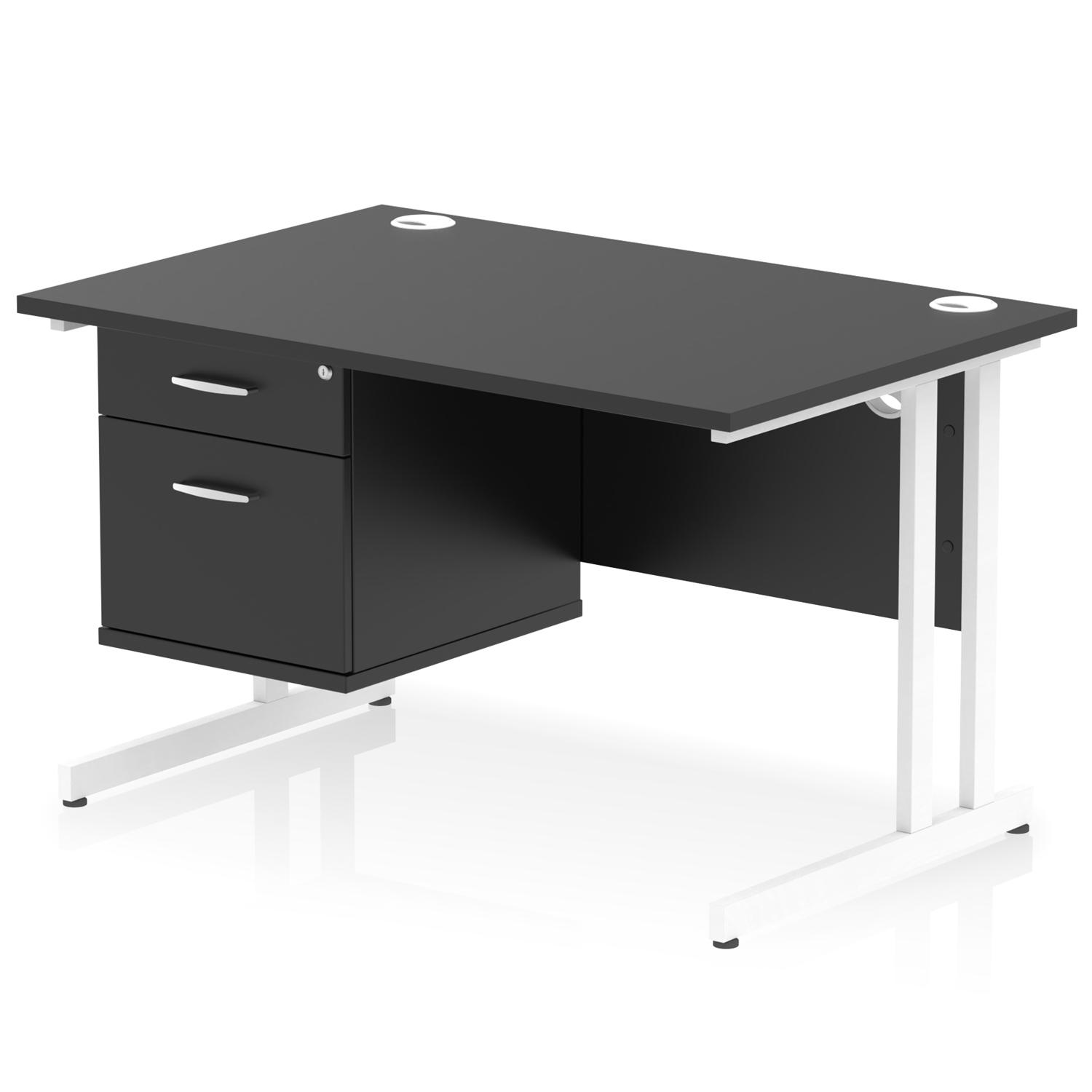 Impulse 1200 x 800mm Straight Office Desk Black Top White Cantilever Leg Workstation 1 x 2 Drawer Fixed Pedestal