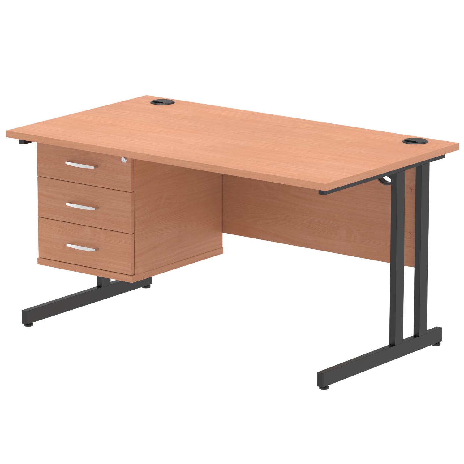 Impulse 1400 x 800mm Straight Office Desk Beech Top Black Cantilever Leg Workstation 1 x 3 Drawer Fixed Pedestal