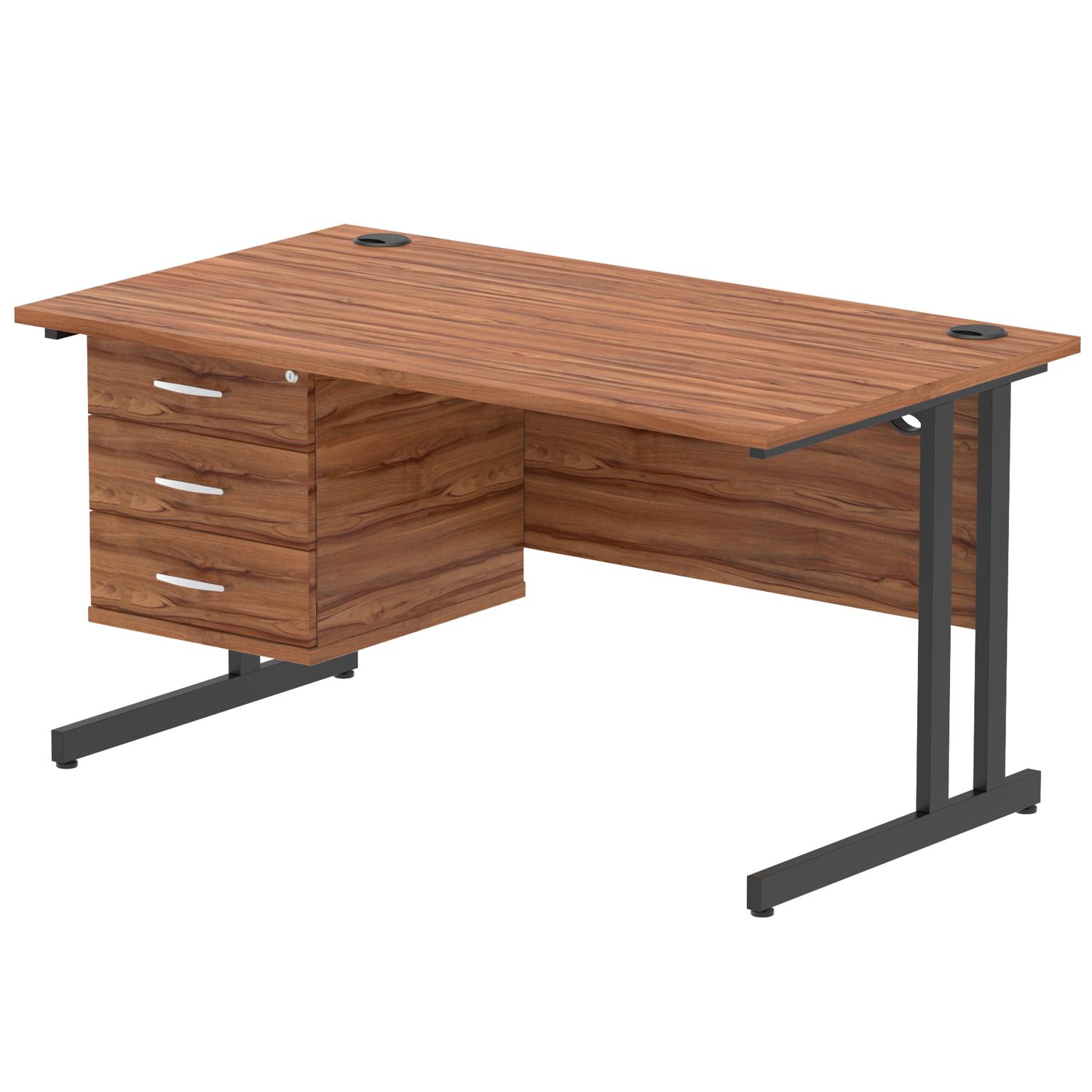 Impulse 1400 x 800mm Straight Office Desk Walnut Top Black Cantilever Leg Workstation 1 x 3 Drawer Fixed Pedestal