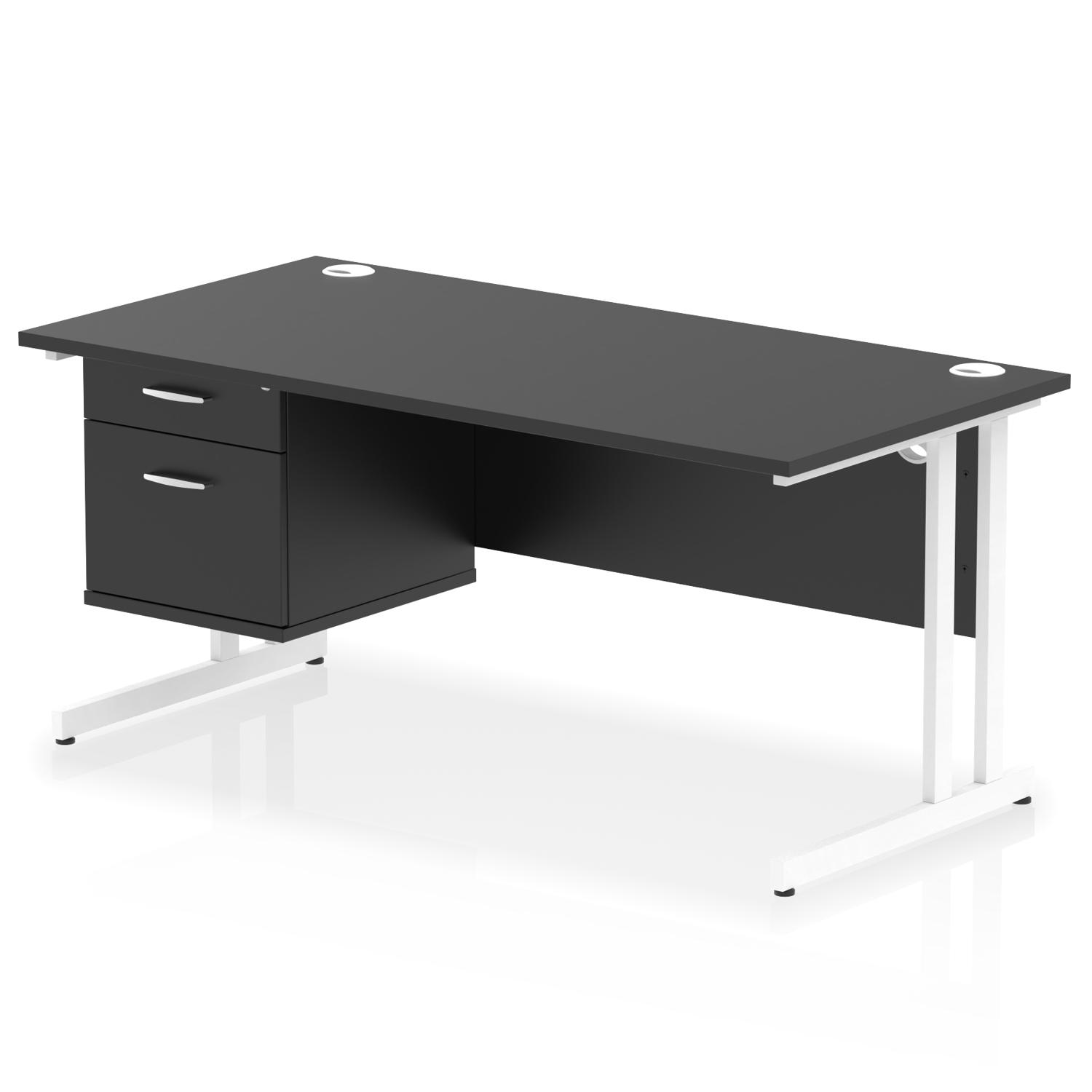 Impulse 1600 x 800mm Straight Office Desk Black Top White Cantilever Leg Workstation 1 x 2 Drawer Fixed Pedestal