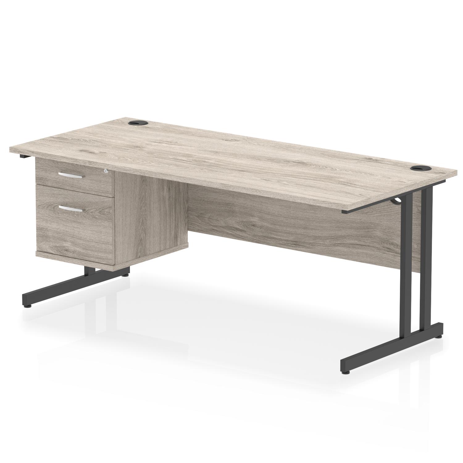 Impulse 1800 x 800mm Straight Office Desk Grey Oak Top Black Cantilever Leg Workstation 1 x 2 Drawer Fixed Pedestal