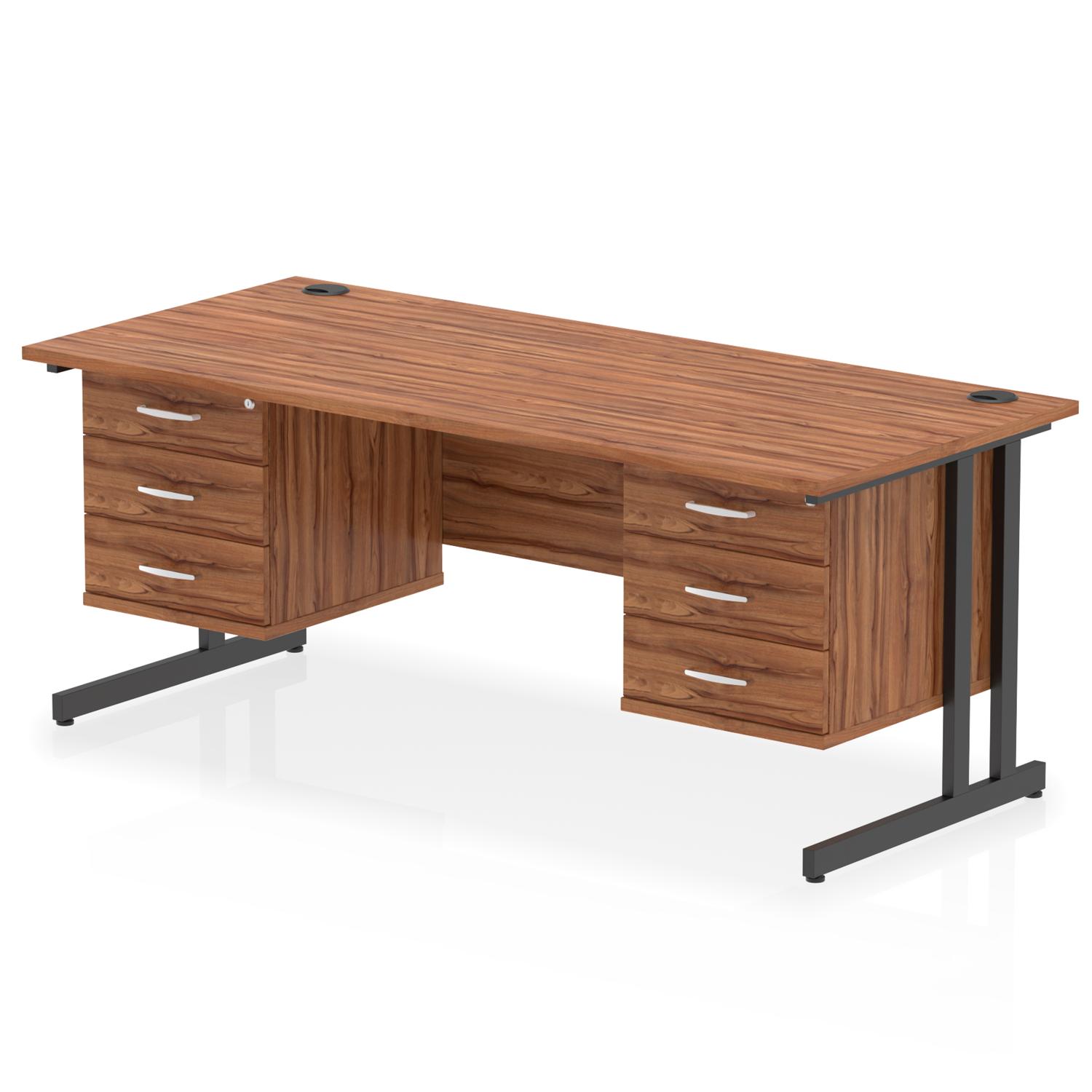 Impulse 1800 x 800mm Straight Office Desk Walnut Top Black Cantilever Leg Workstation 2 x 3 Drawer Fixed Pedestal
