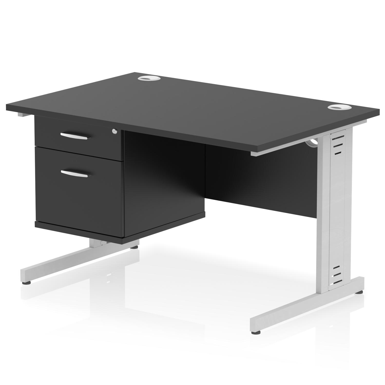 Impulse 1200 x 800mm Straight Office Desk Black Top Silver Cable Managed Leg Workstation 1 x 2 Drawer Fixed Pedestal