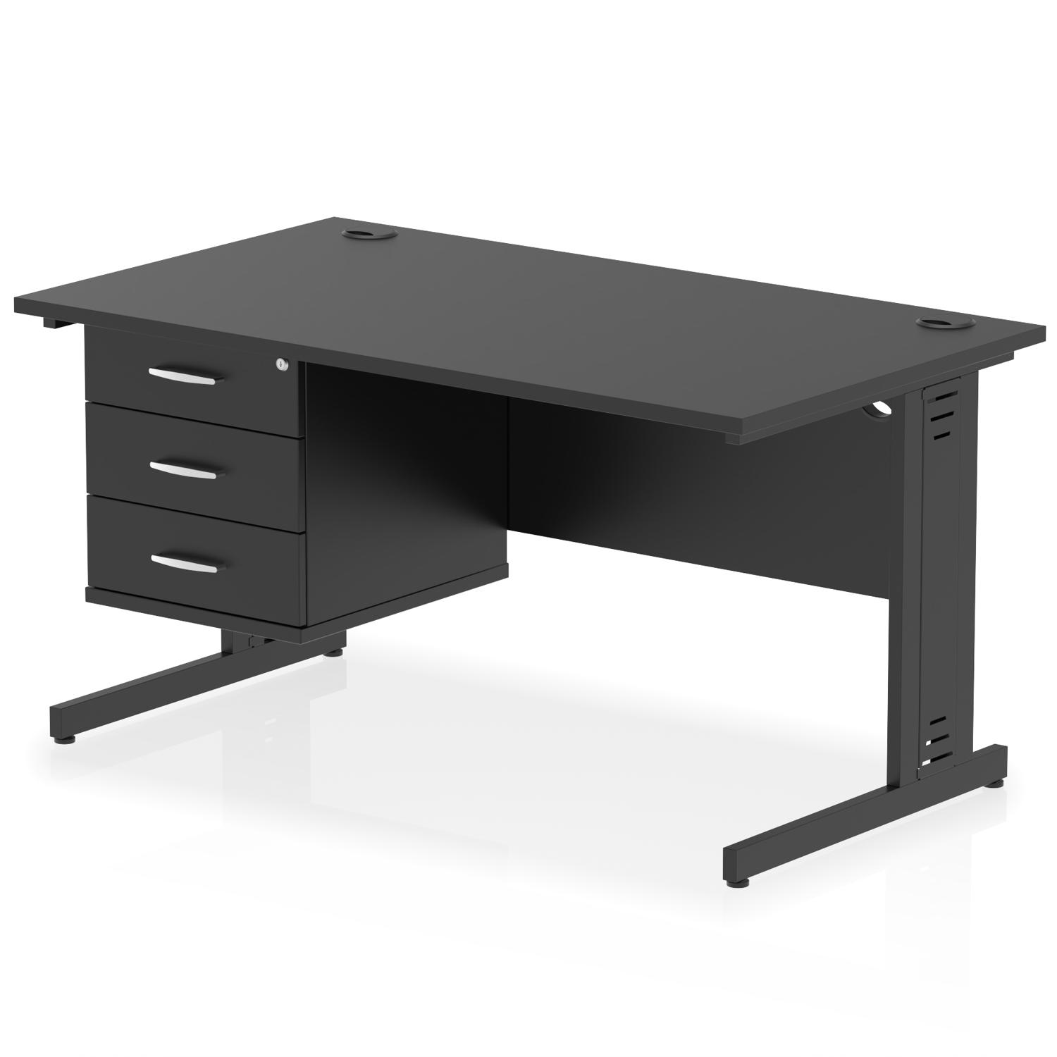 Impulse 1400 x 800mm Straight Office Desk Black Top Black Cable Managed Leg Workstation 1 x 3 Drawer Fixed Pedestal
