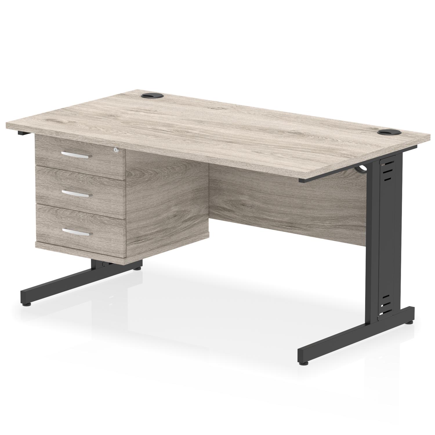 Impulse 1400 x 800mm Straight Office Desk Grey Oak Top Black Cable Managed Leg Workstation 1 x 3 Drawer Fixed Pedestal