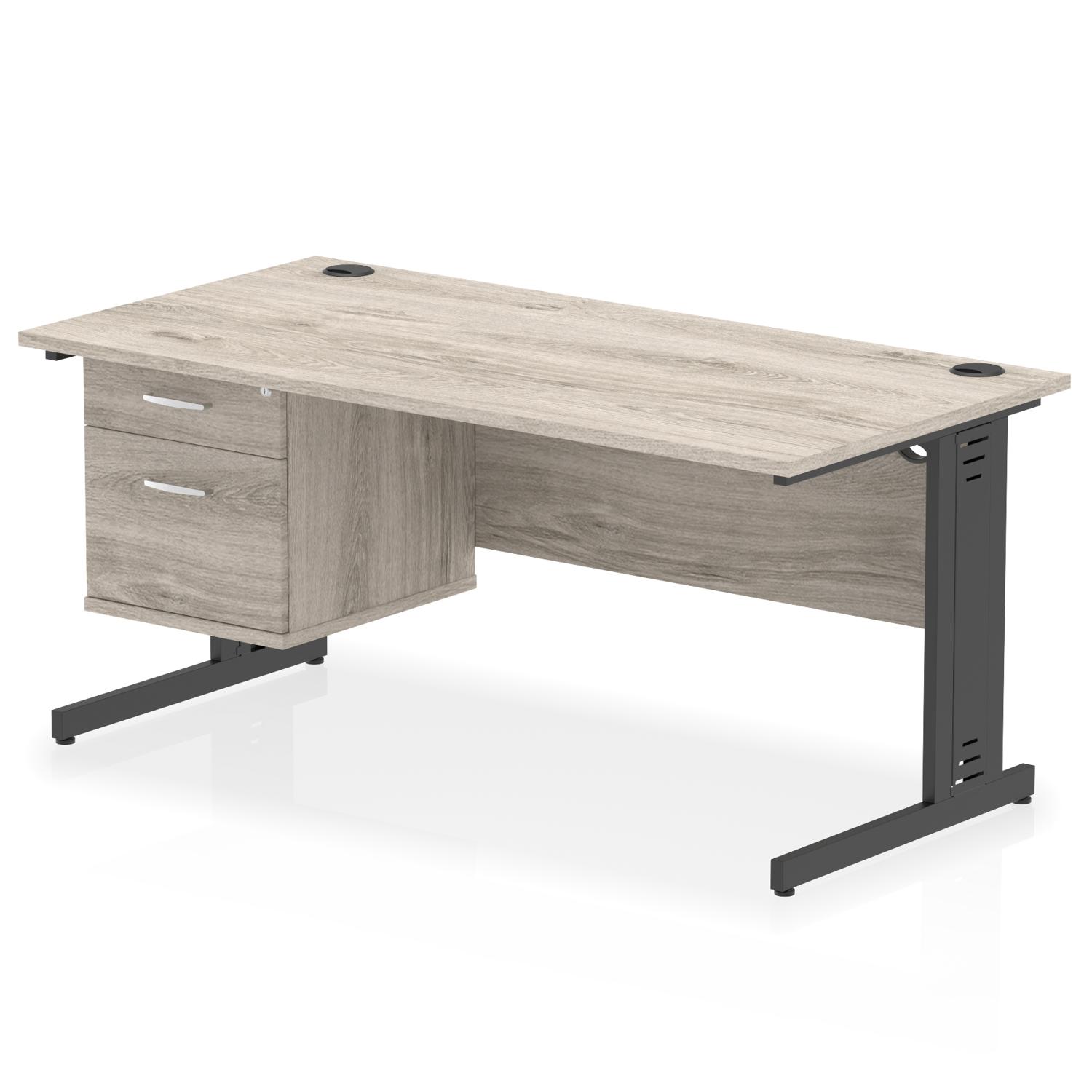 Impulse 1600 x 800mm Straight Office Desk Grey Oak Top Black Cable Managed Leg Workstation 1 x 2 Drawer Fixed Pedestal